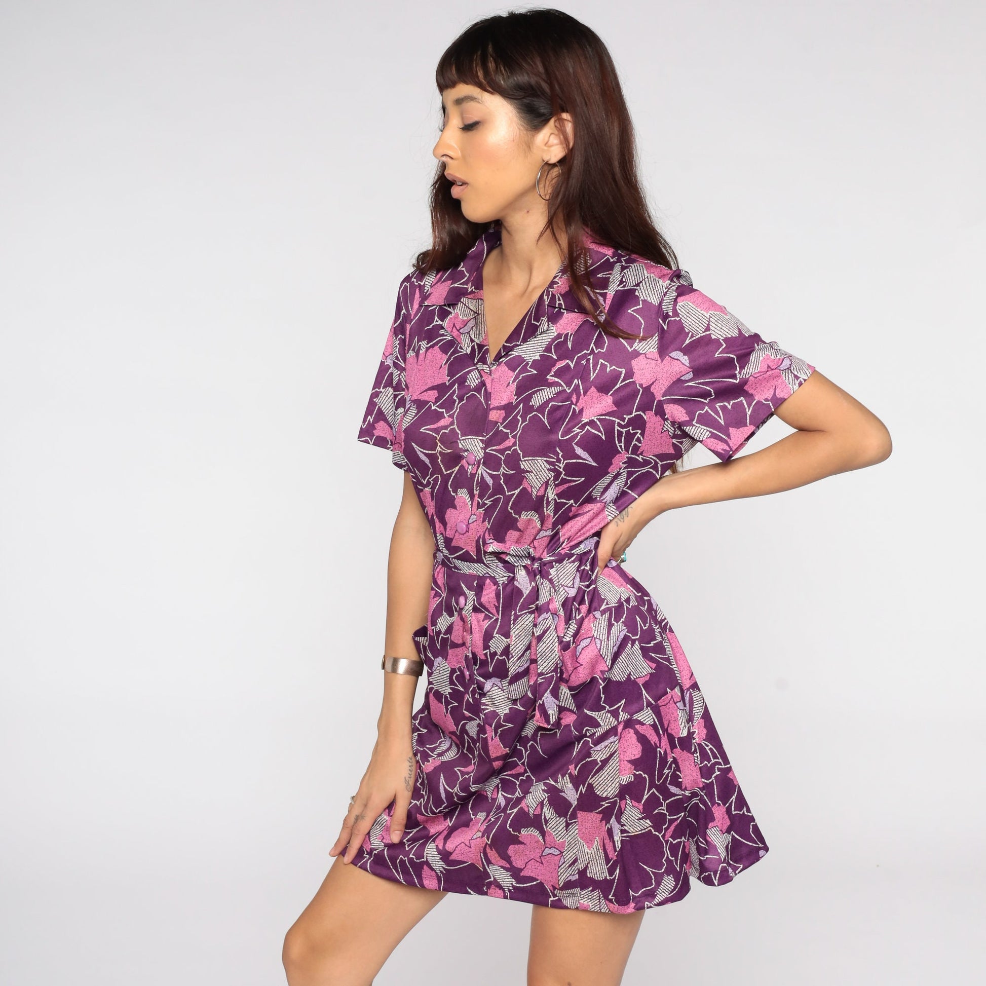 60s Purple Floral Shift Dress Button Front Mini Short Sleeve Extra Small