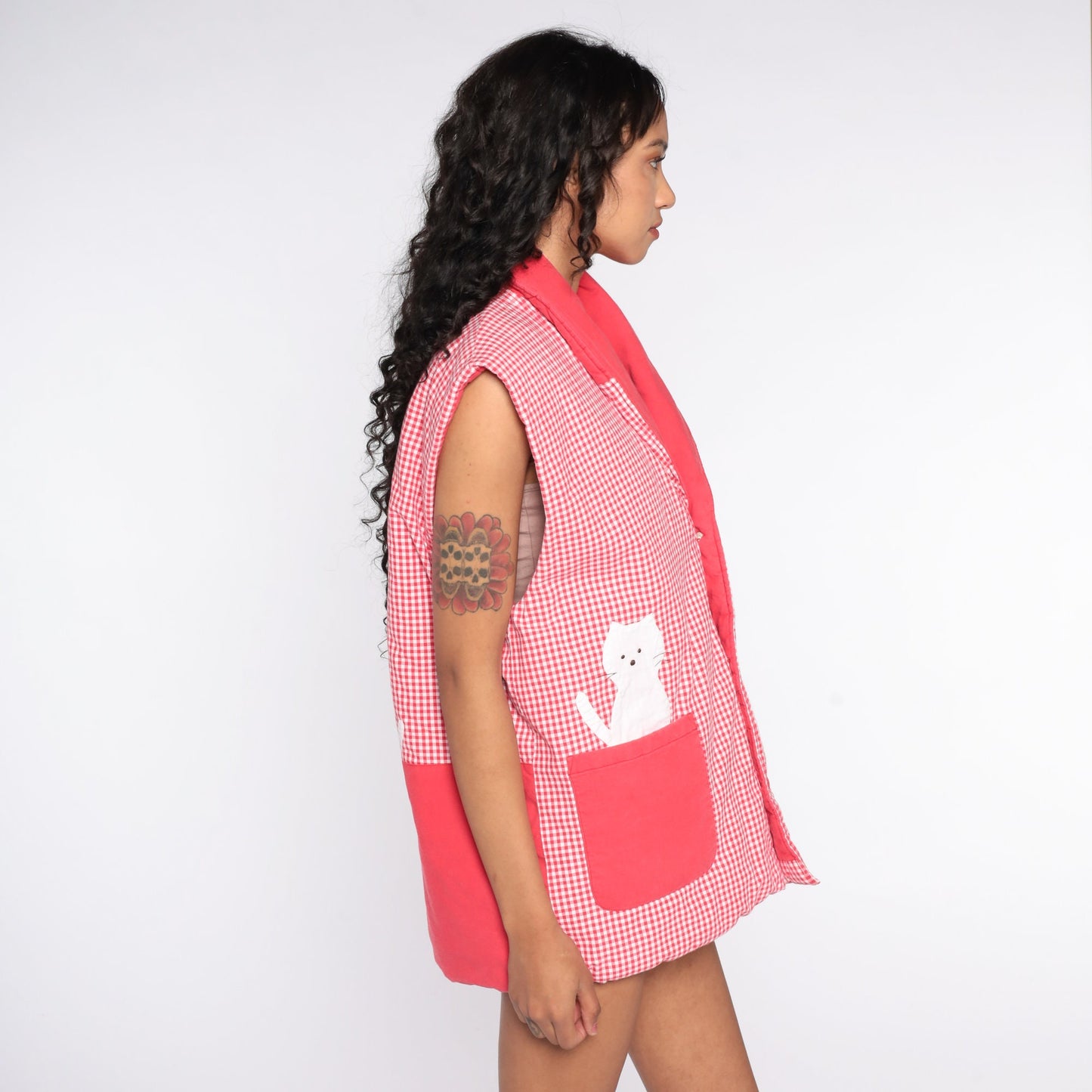 80s Cat Gingham Quilted Vest Red Checkered Button Up Extra Large XL