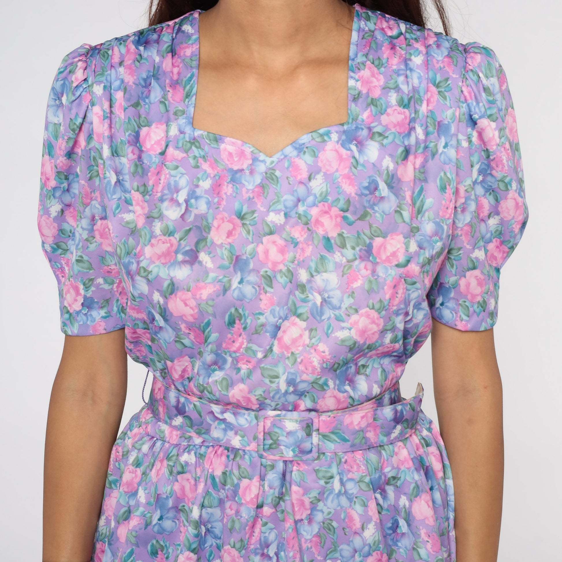 80s Purple Floral Peplum Dress Puff Sleeve Midi Pencil Wiggle Medium