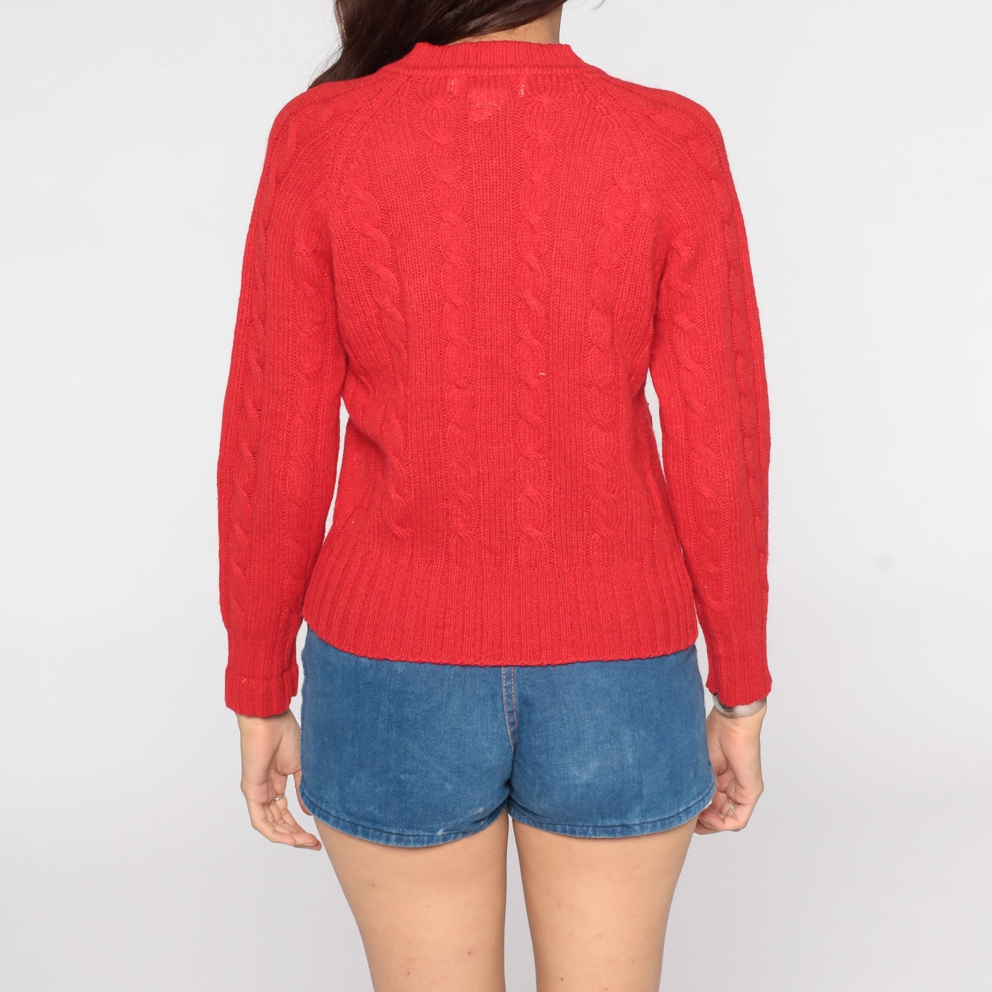 70s Red Wool Cable Knit Sweater Pullover Small Medium