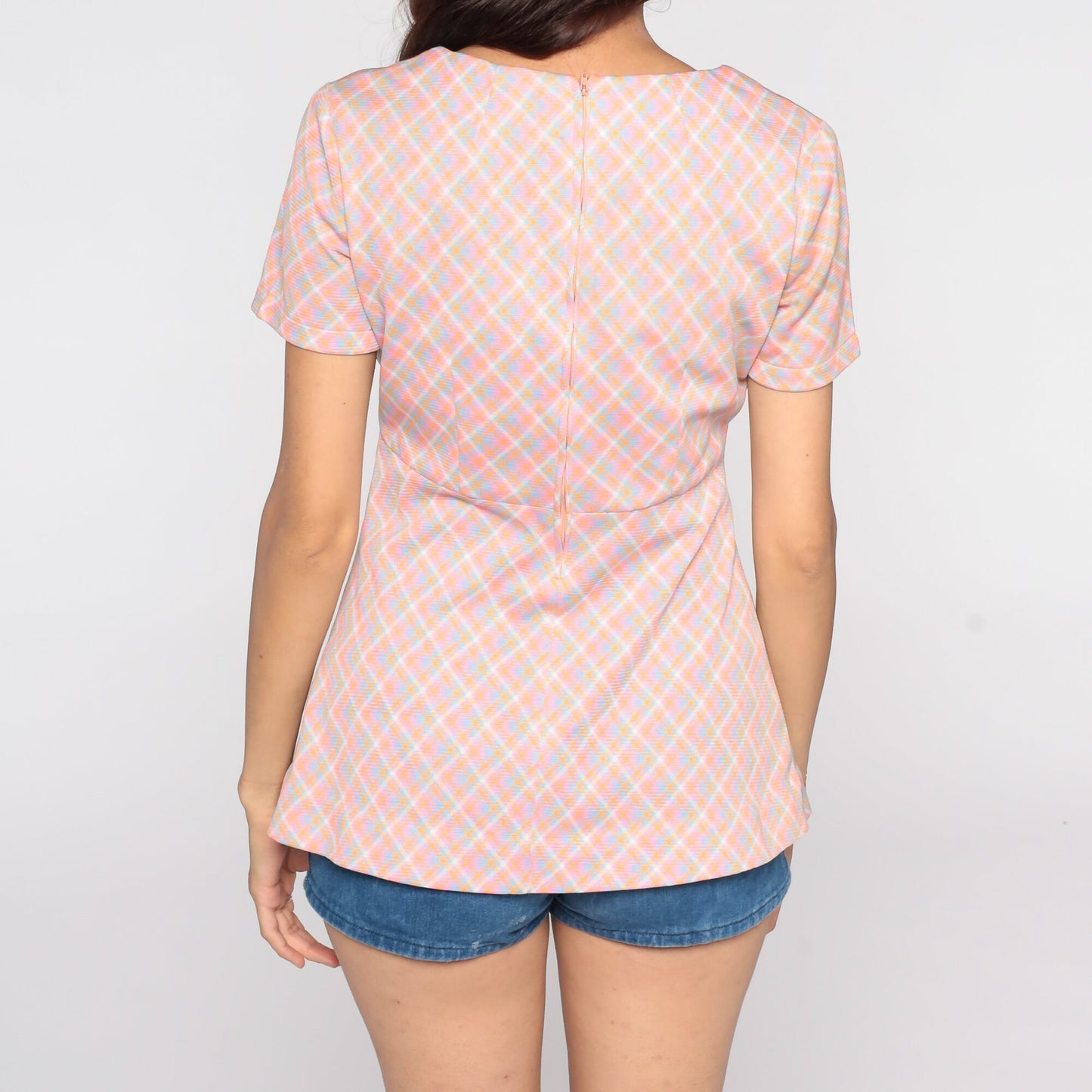 70s Pink Plaid Blouse Short Sleeve Checkered Vintage Shirt Small