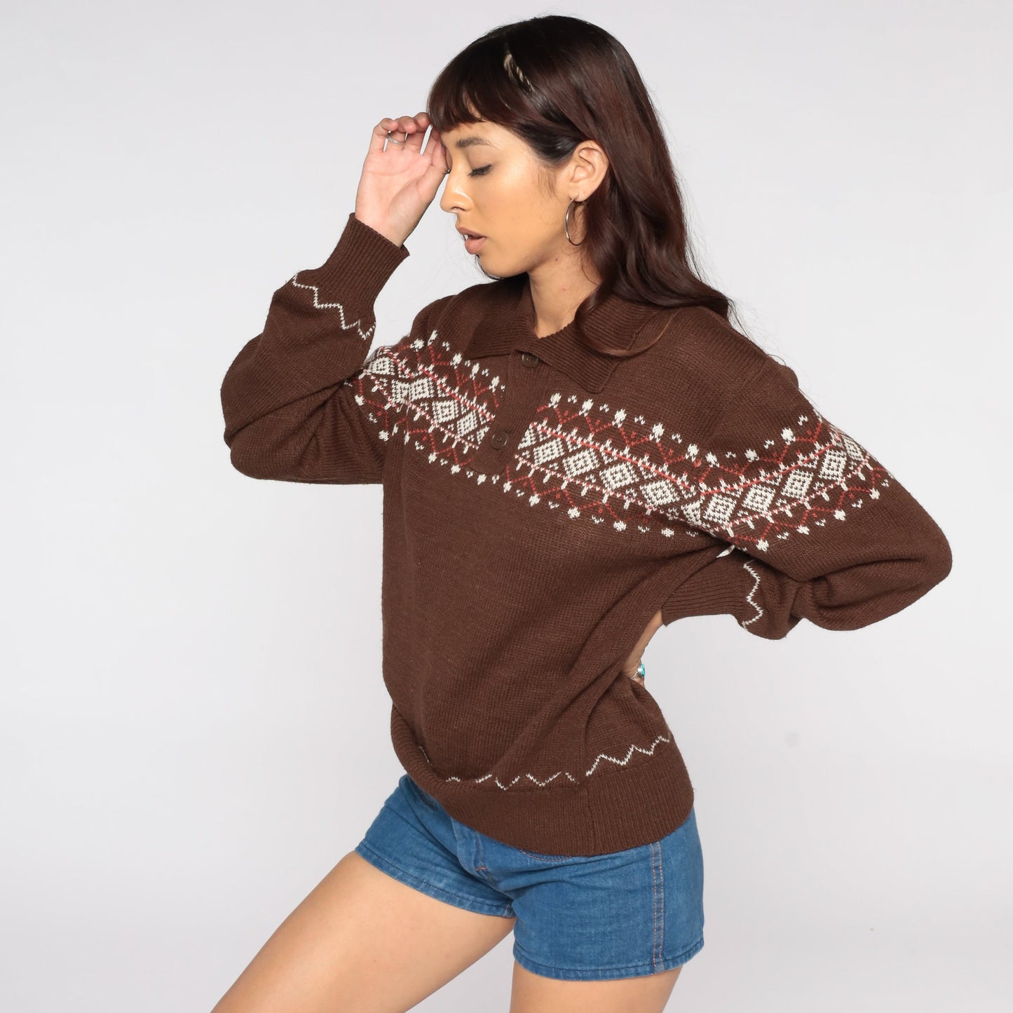 70s Fair Isle Sweater Brown Knit Geometric Pullover Medium