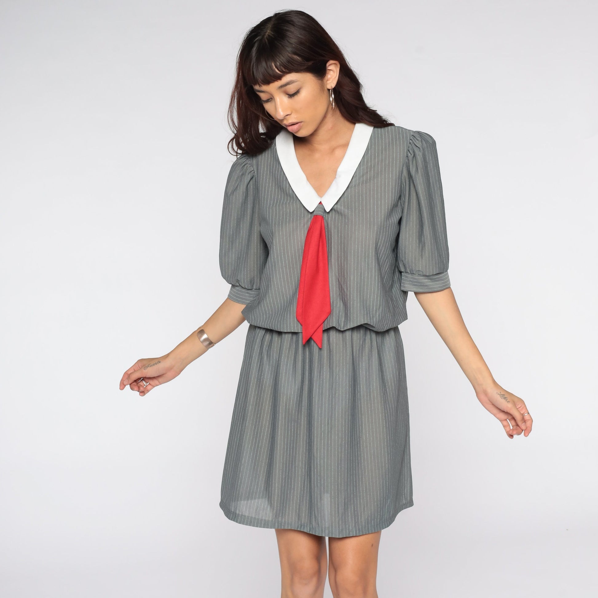 80s Grey Striped Mini Dress Puff Sleeve Ascot Necktie White Collar Medium