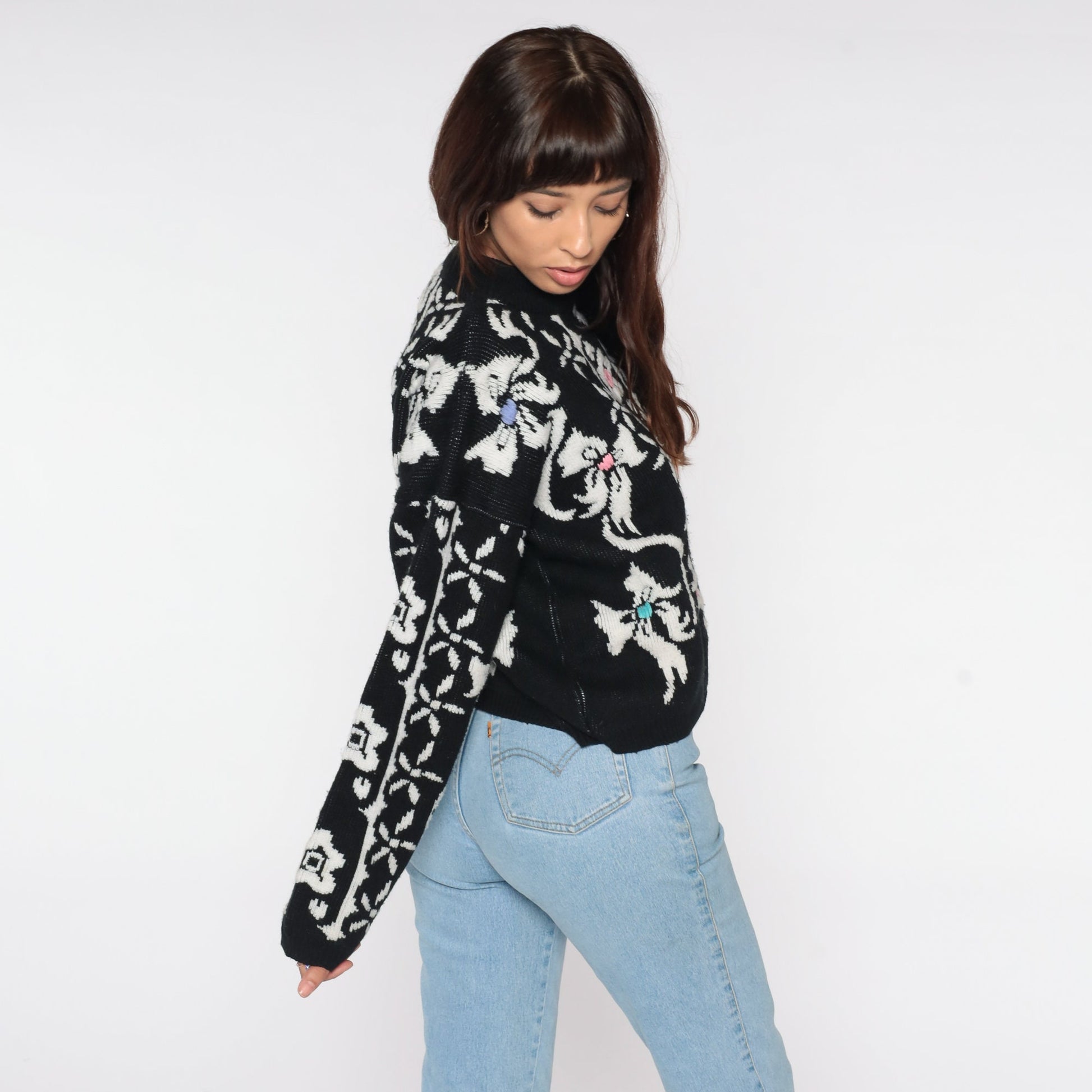 80s Black Floral Sweater White Print Pullover Knit Large