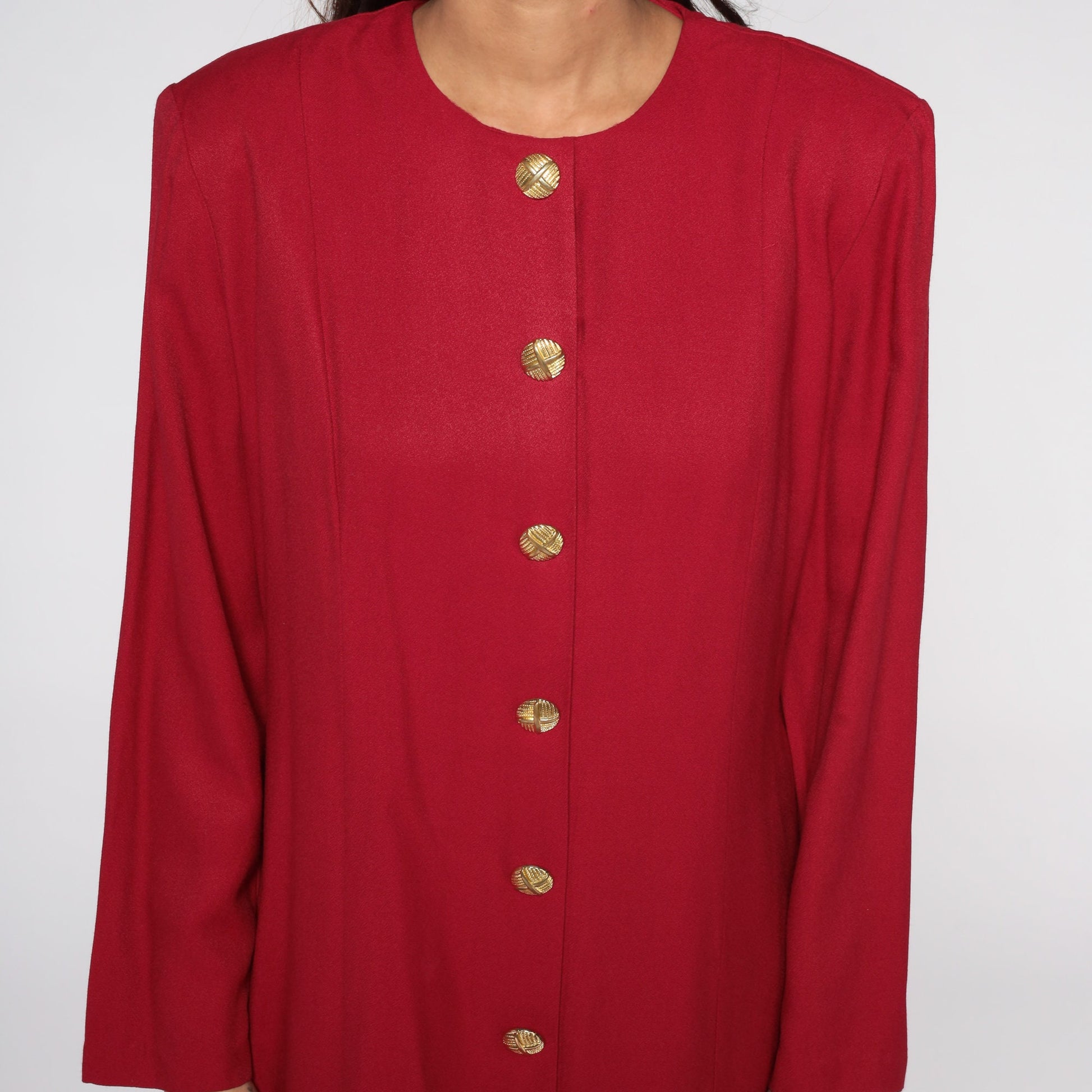 80s Red Button-Up Dress Gold Buttons Knee Length Long Sleeve Medium