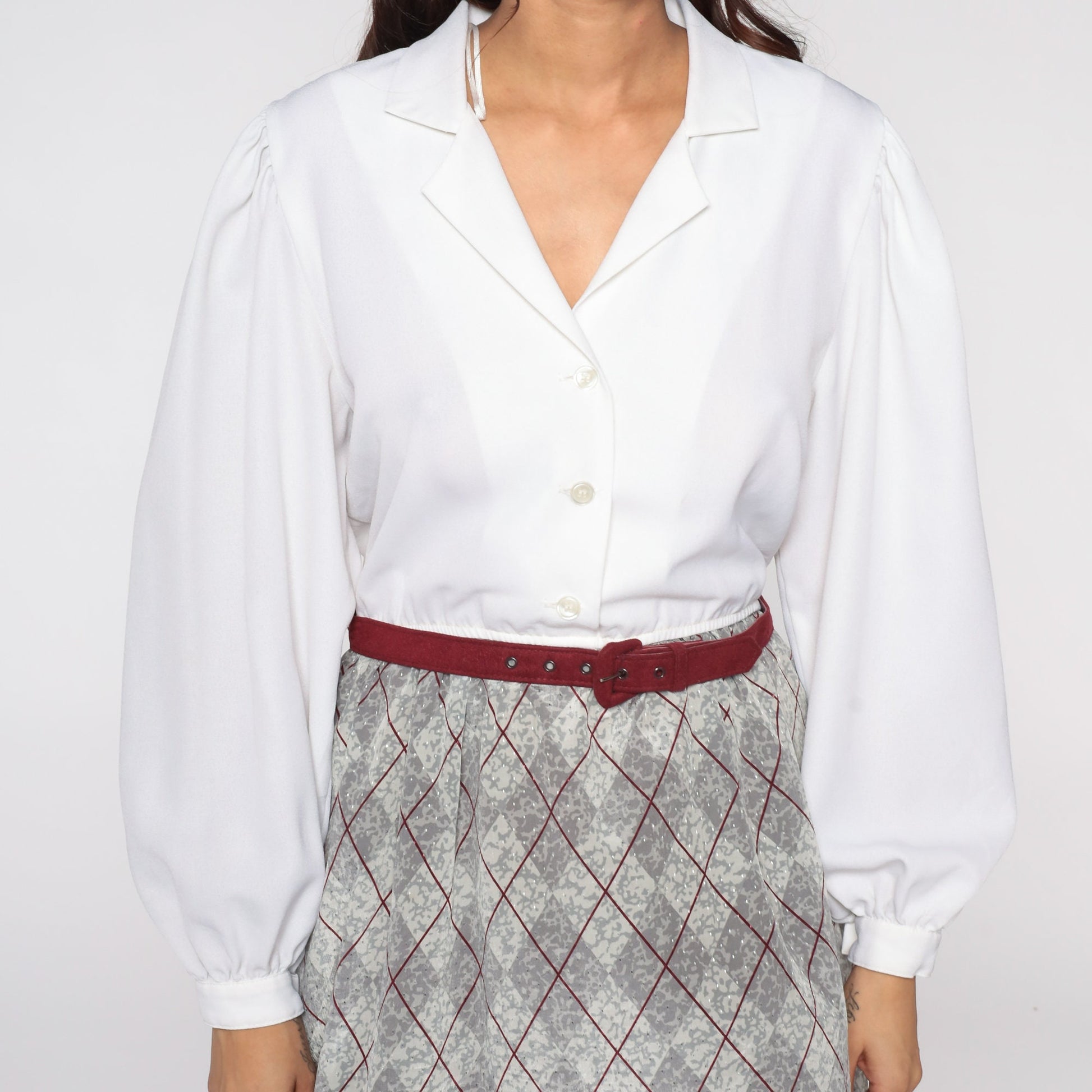 80s Leslie Fay Plaid Mini Dress Puff Sleeve White Grey Checkered Medium