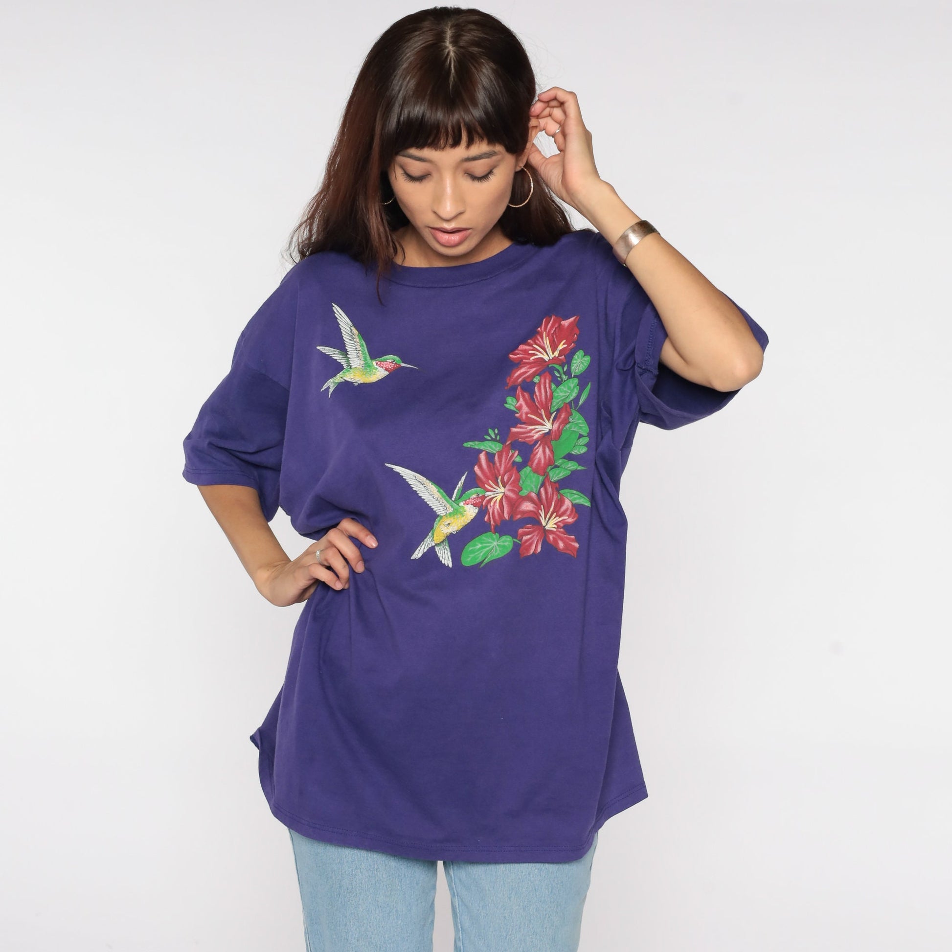 90s Hummingbird Canna Flower T-Shirt Purple Graphic Tee Plus Size XXL