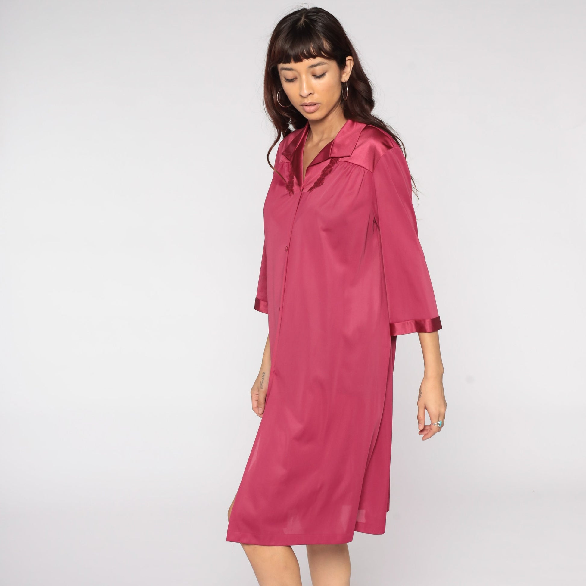 80s Raspberry Nylon Pajama Dress Floral Embroidery Button Front Midi Large L
