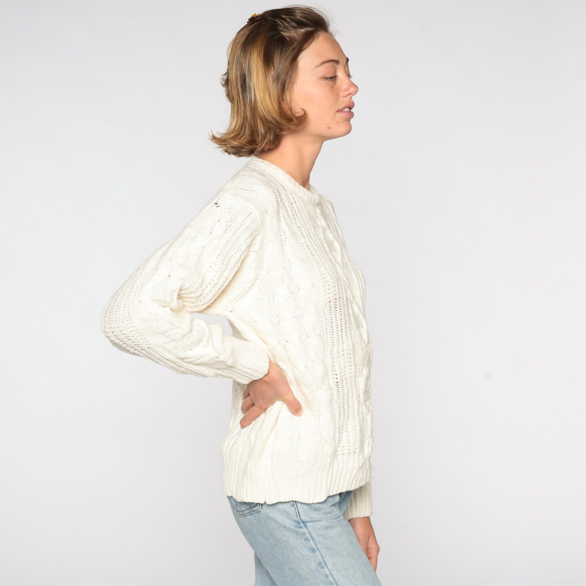 80s Cream Cable Knit Sweater Pullover Crewneck Medium