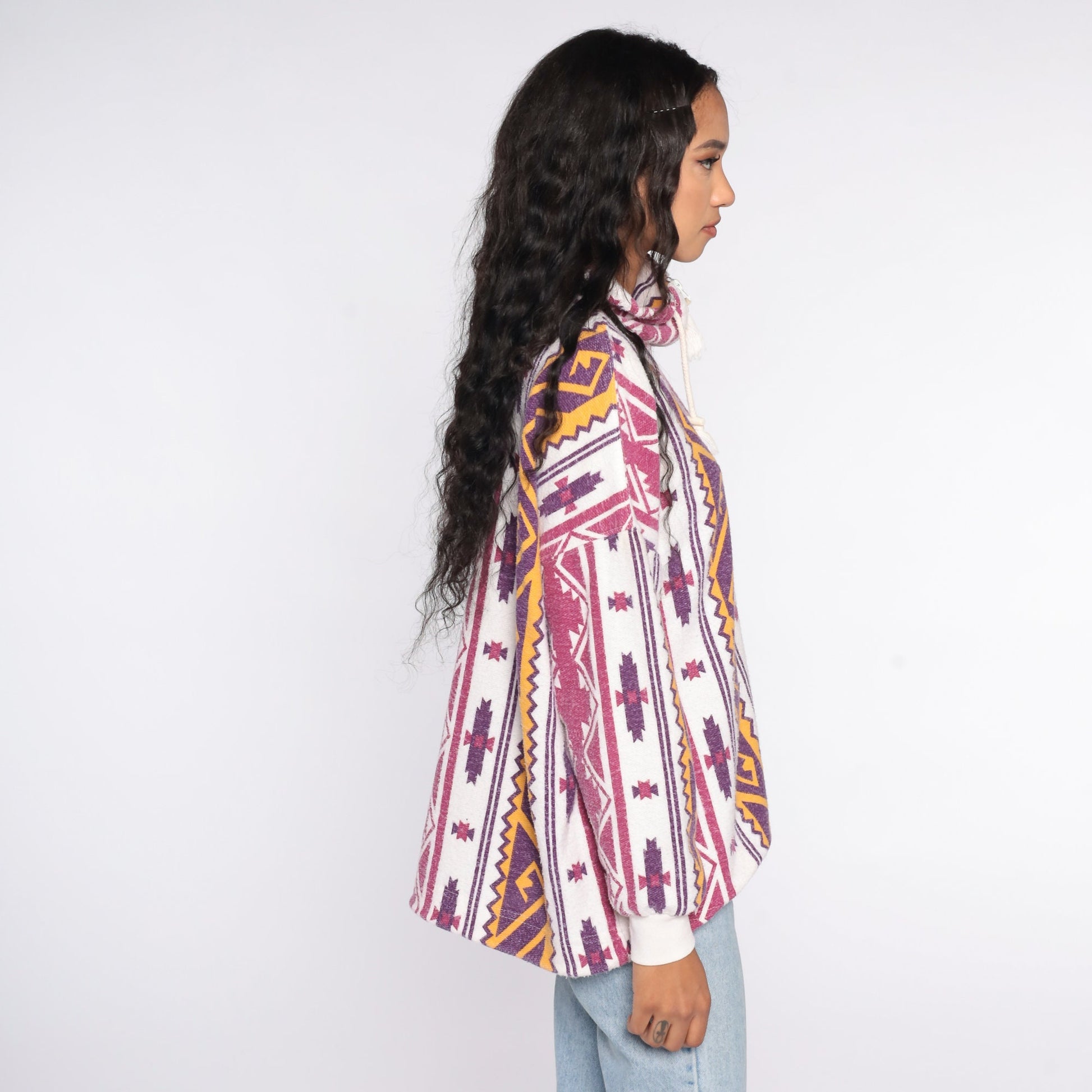 90s Southwestern Mock Neck Drawstring Shirt Aztec Print White Pink Purple Medium