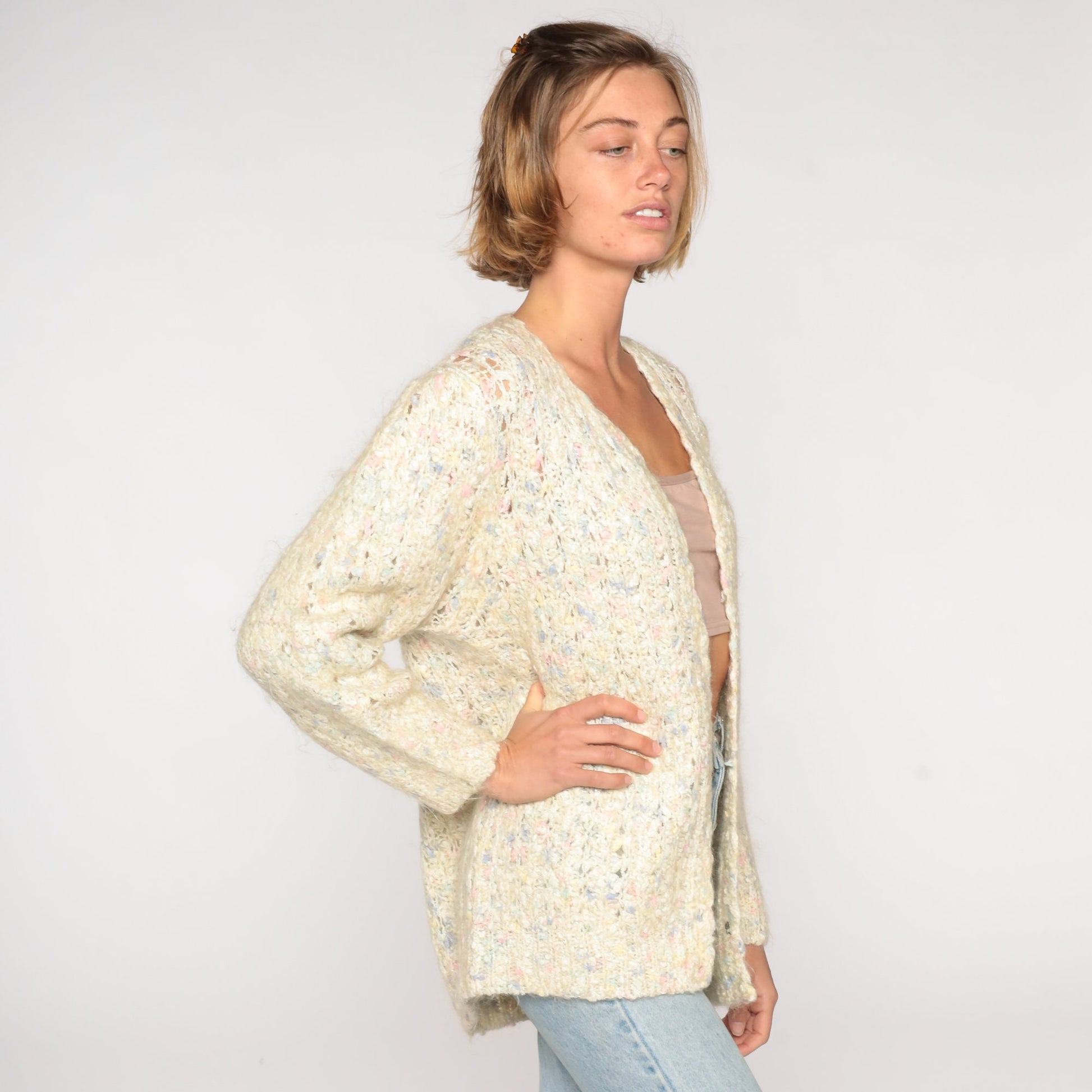 70s Cream Flecked Open Weave Cardigan Sweater Knit Medium Large