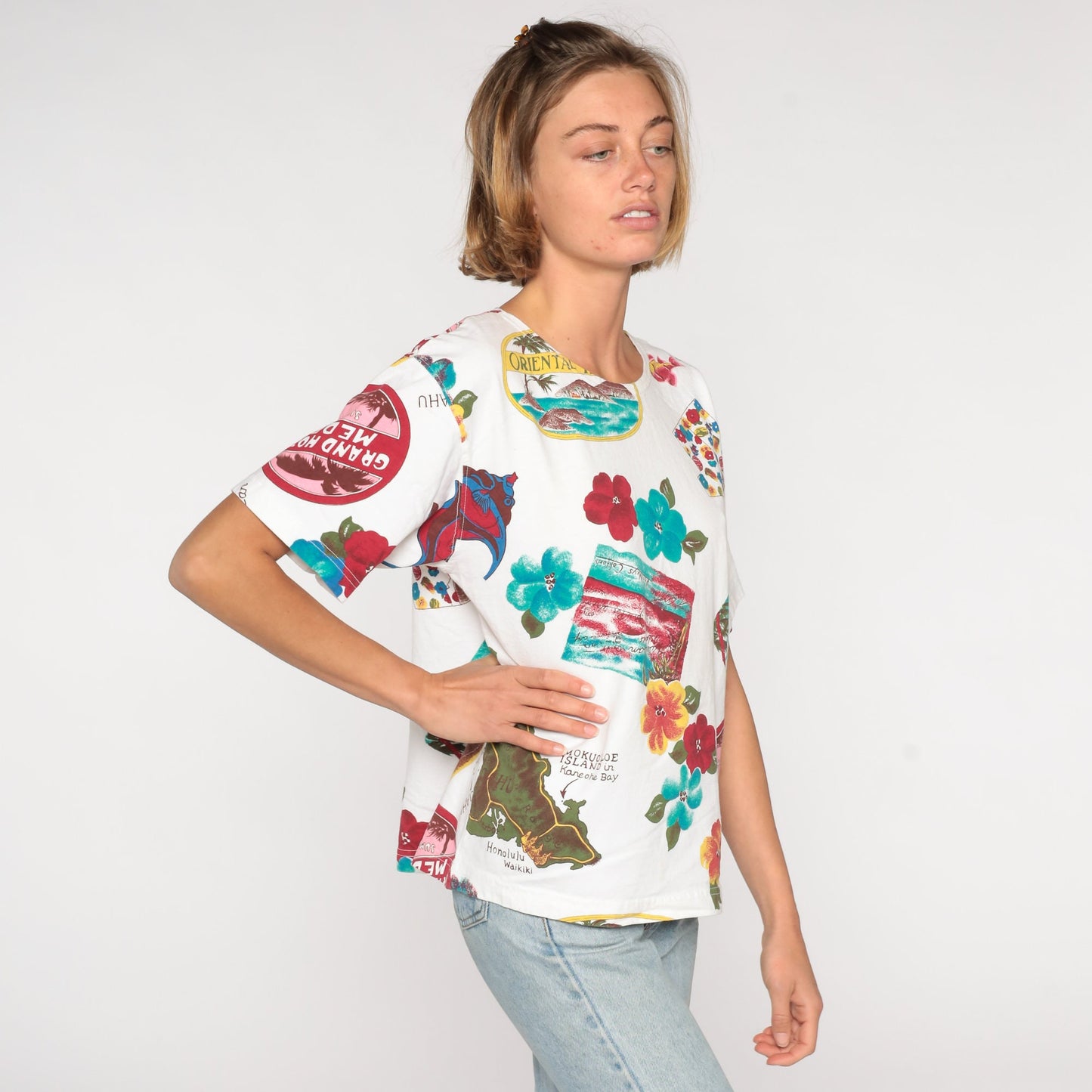90s Hawaii Map Floral Graphic T-Shirt Mokuoloe Island Cotton Medium