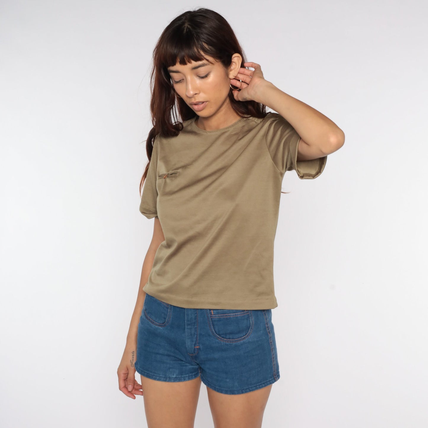 80s Brown Cotton T-Shirt Cuffed Sleeves Pocket Tee Small Medium