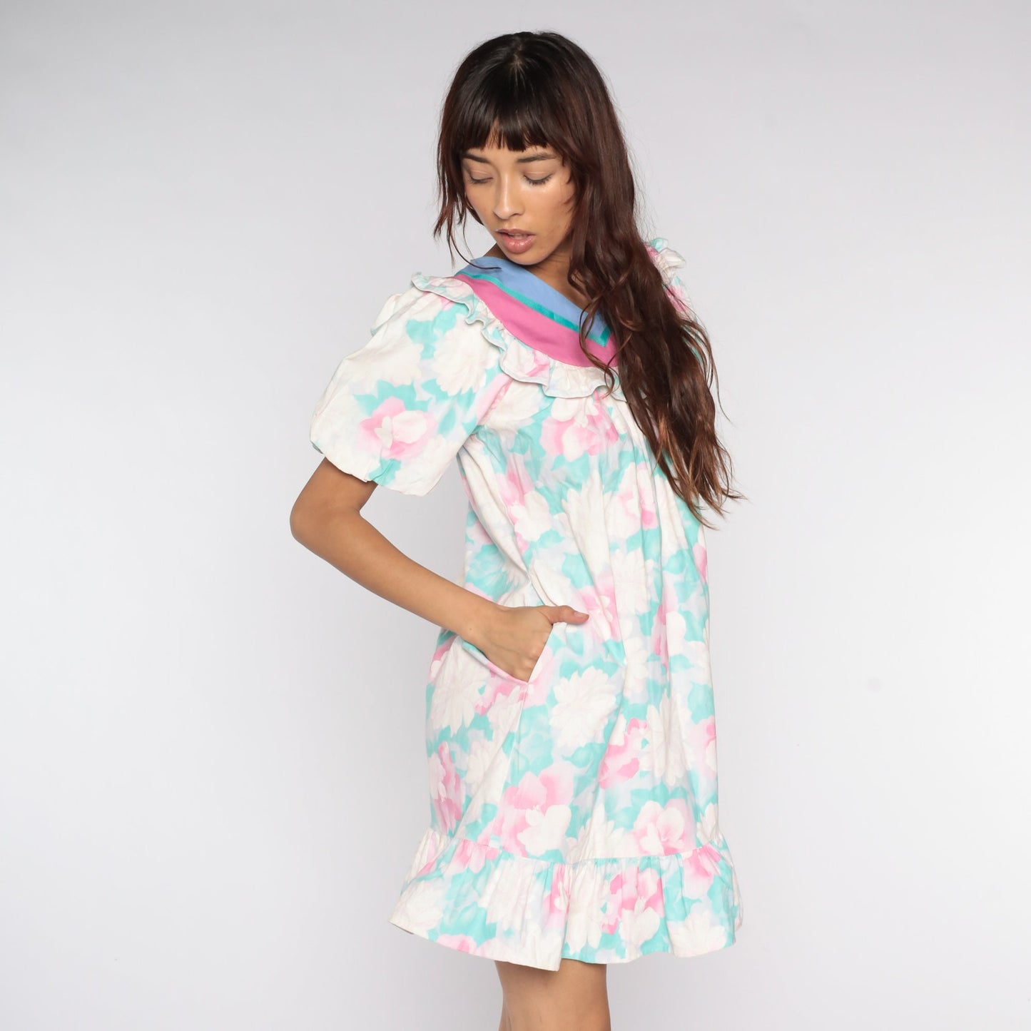 80s Floral Mini Dress Puff Sleeve Tent Cut White Pink Green Medium