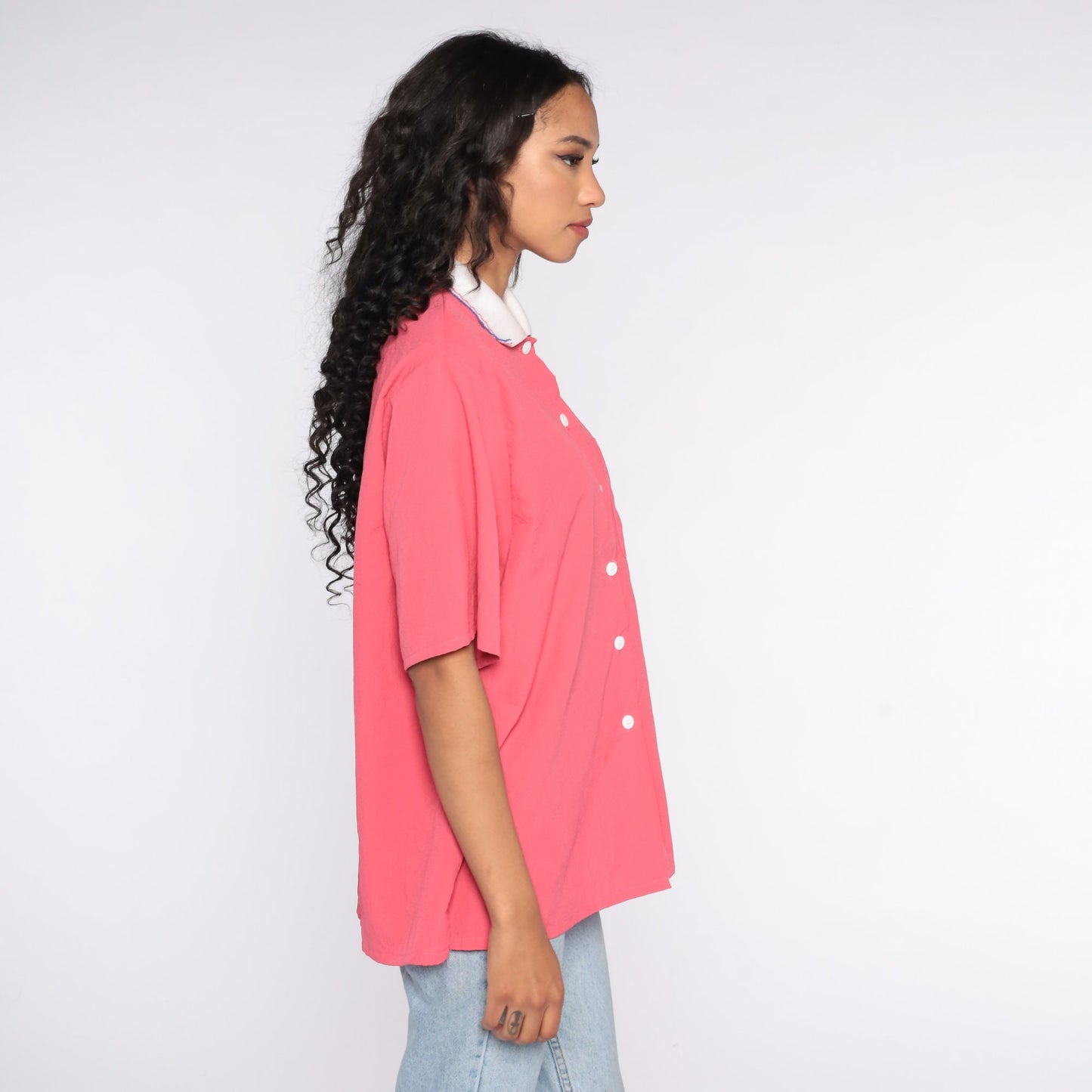 90s Bonworth Floral Button Up Blouse Pink Pocket Shirt Extra Large