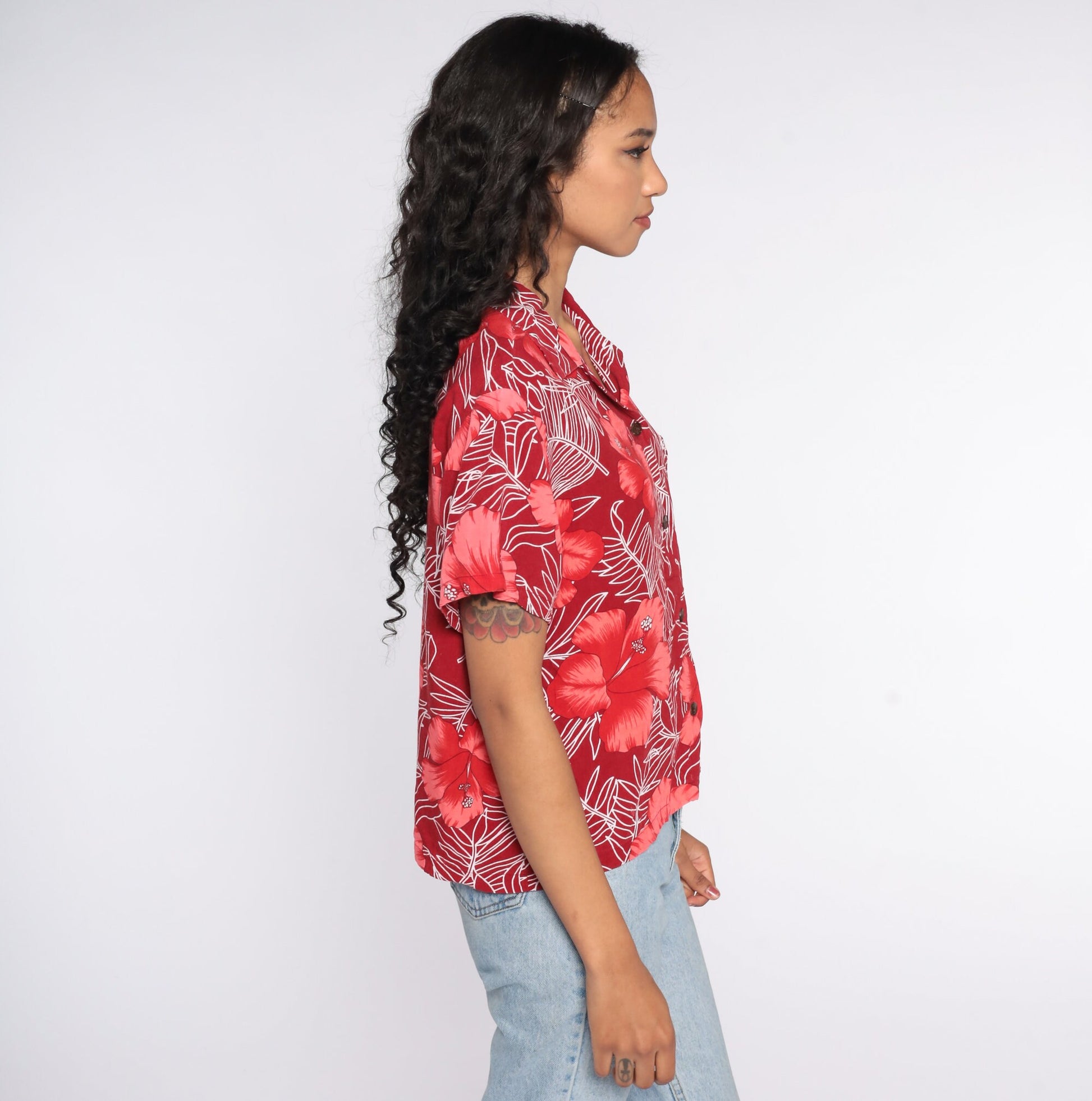 80s Red Hawaiian Floral Shirt Button Up Tropical Blouse Large L