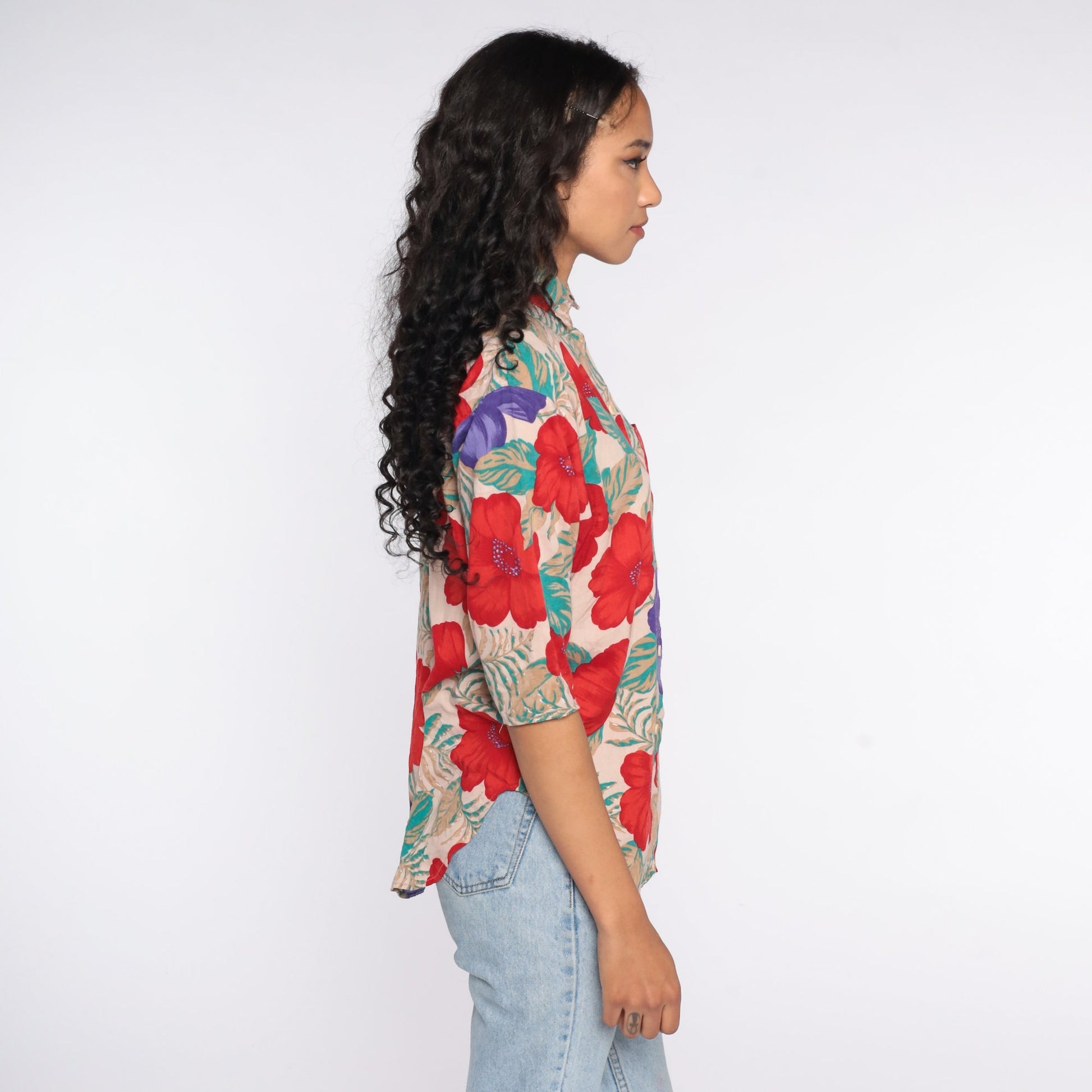 90s Floral Rayon Button-Up Blouse Taupe Red Flower Print Small