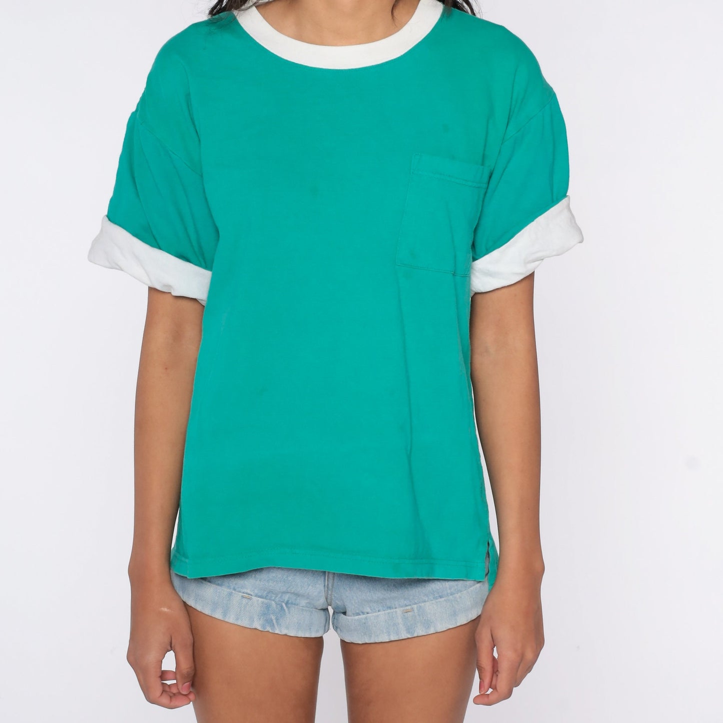 80s Green Cotton T-Shirt Pocket Chest Cuffed Sleeves Medium
