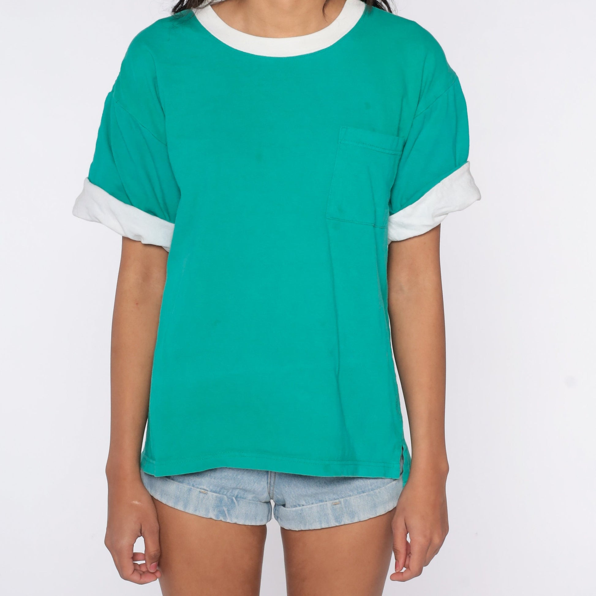 80s Green Cotton T-Shirt Pocket Chest Cuffed Sleeves Medium