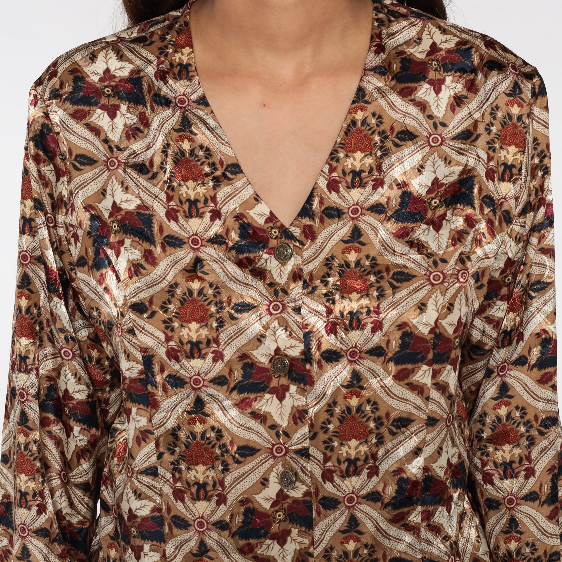 90s Geometric Floral Button Up Blouse Tan Long Sleeve Large