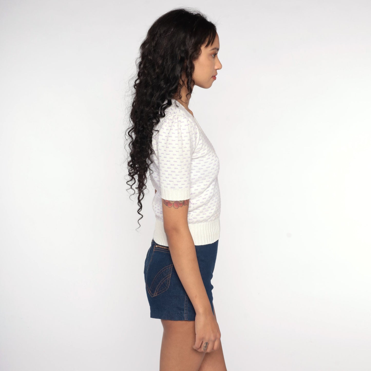 80s White Knit Puff Sleeve Top Cotton Short Sleeve Sweater XXS