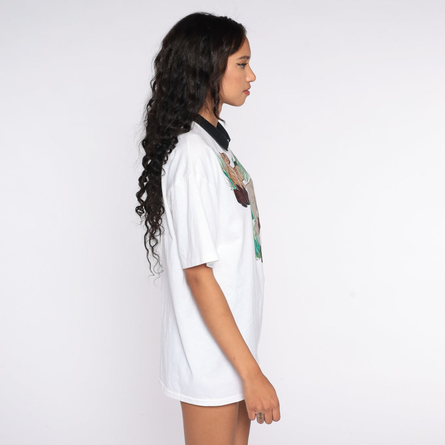 80s Tropical Animal Graphic Tee Tiger Elephant Safari White Cotton Large L