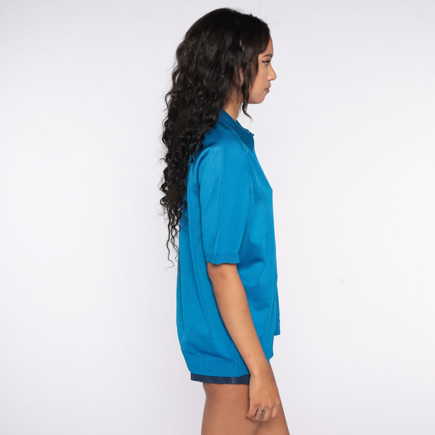 70s Blue Polyester Knit Polo Shirt Pointed Collar Short Sleeve Extra Large