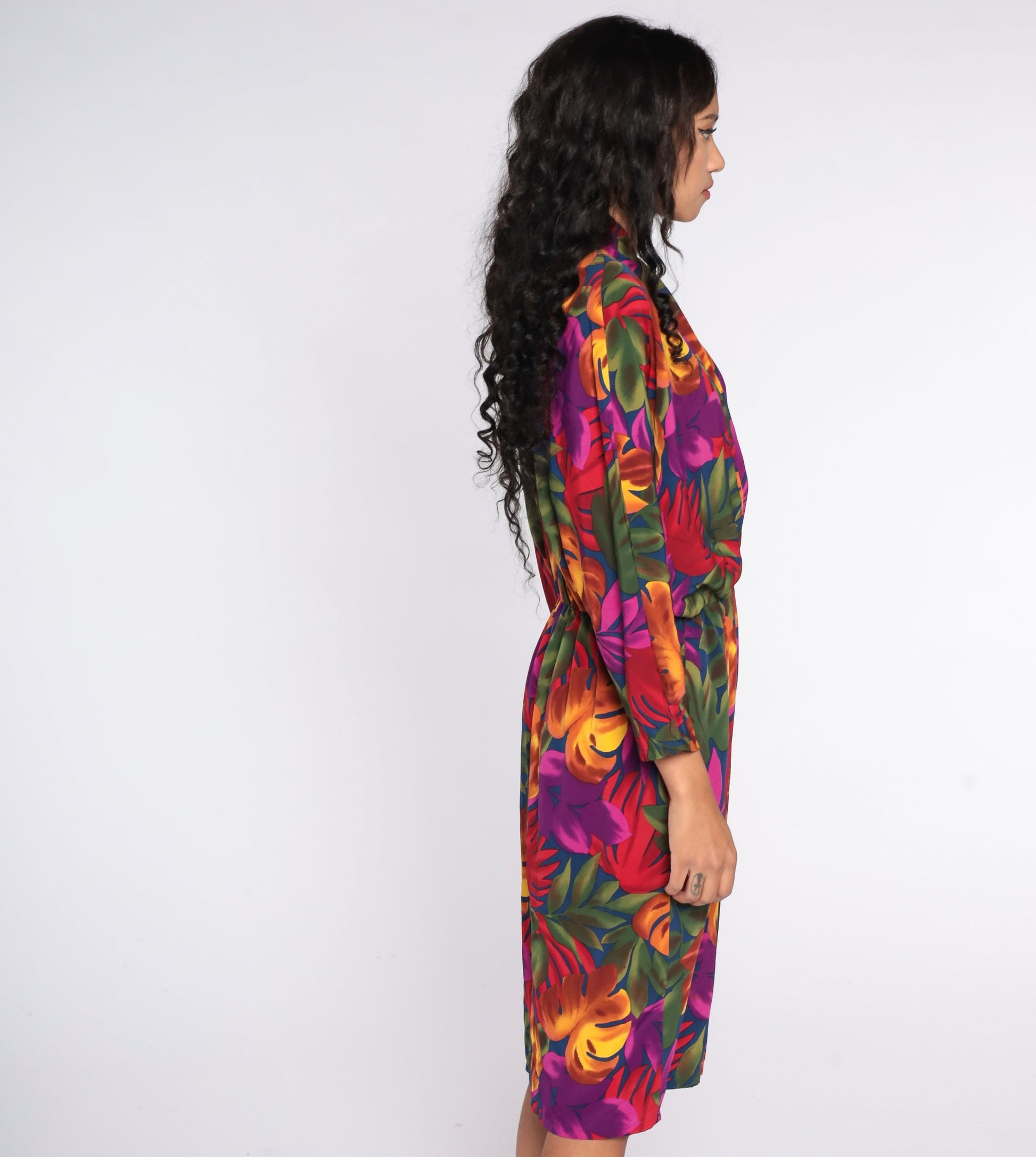 90s Tropical Floral Midi Dress Dolman Sleeve Purple High Waist Large 14