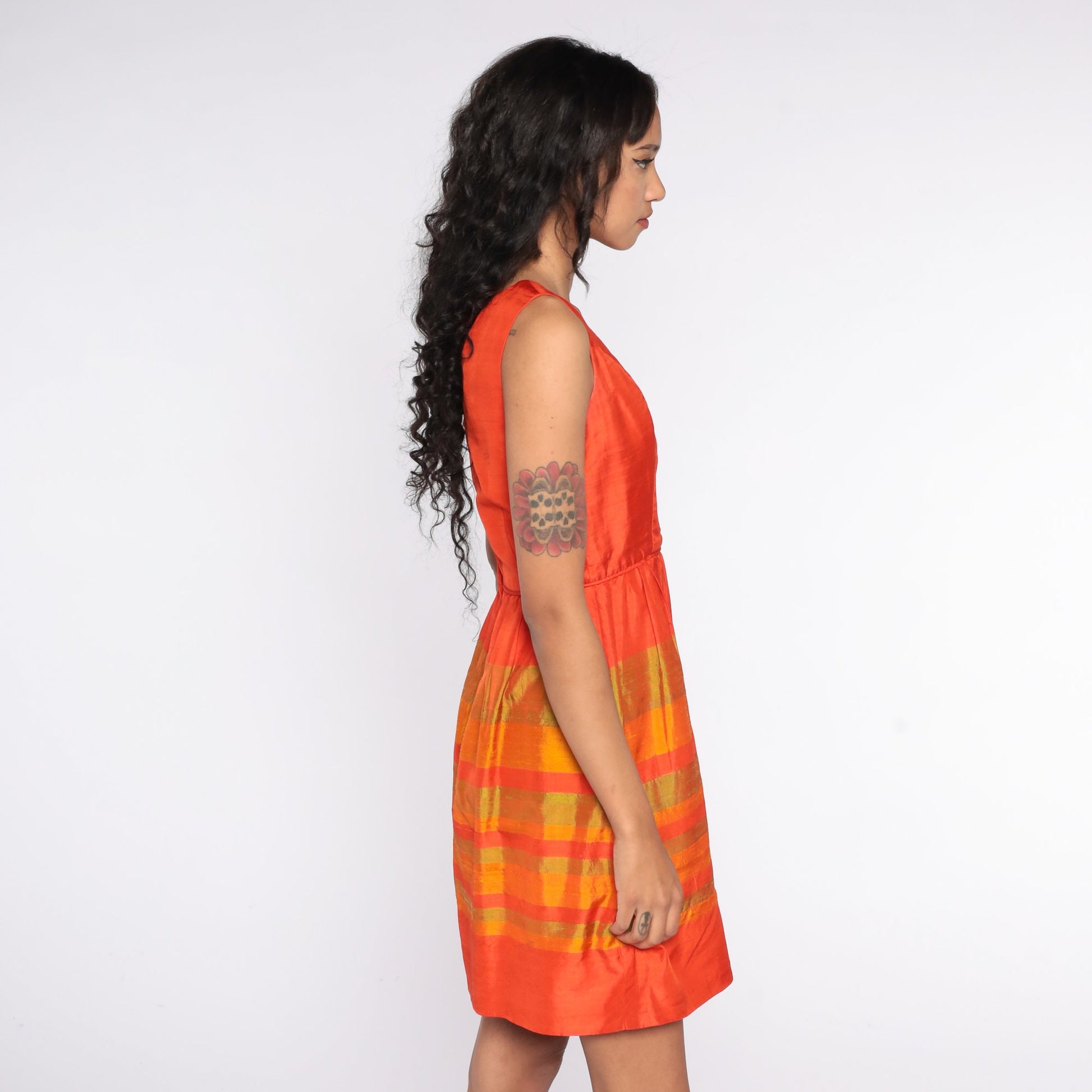 60s Orange Striped Mini Dress High Waist Sleeveless Cocktail Small