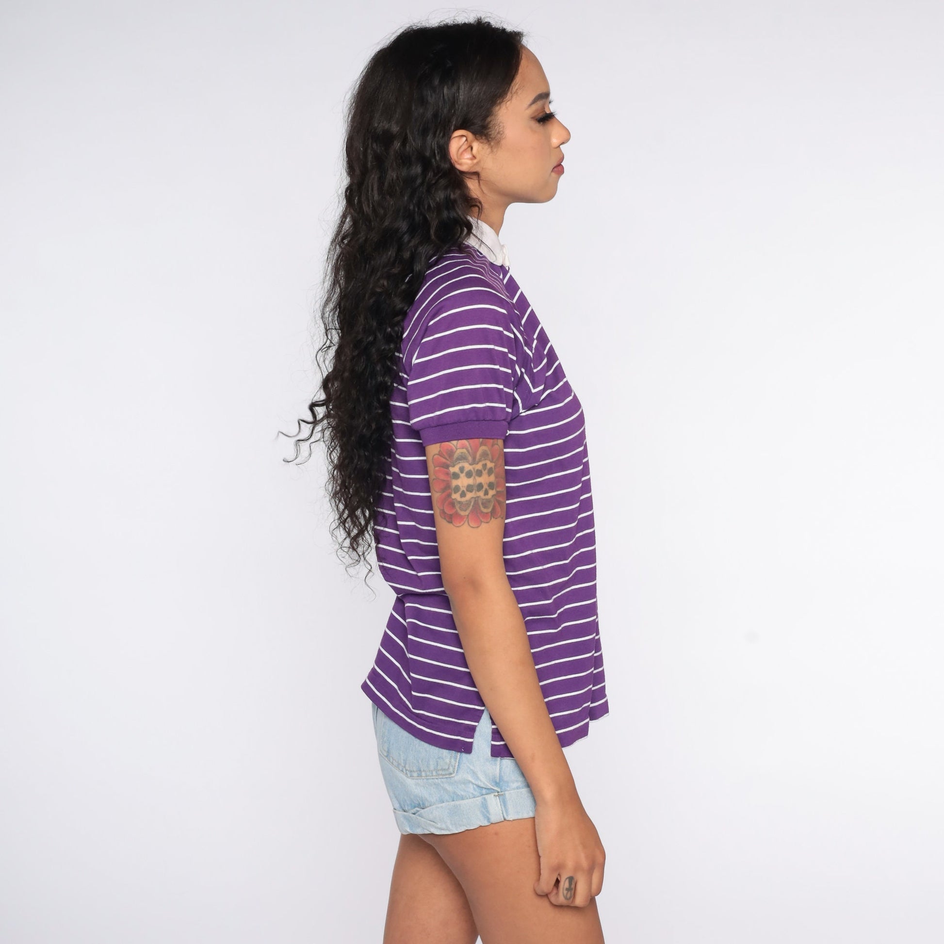 80s Purple Striped Horse Polo Shirt Short Sleeve Button Up Small S
