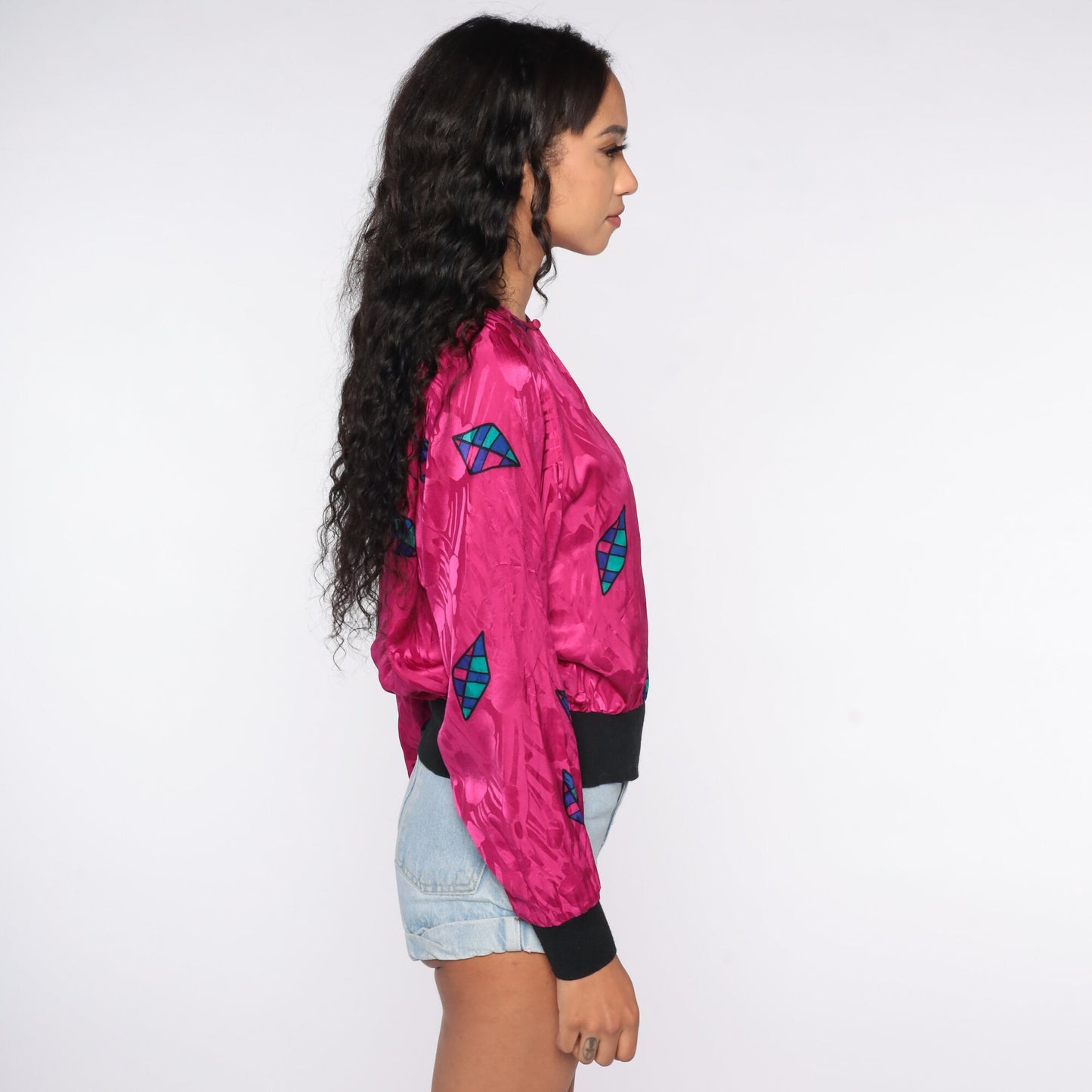 80s Hot Pink Silk Blouse Geometric Print Long Sleeve Medium Large