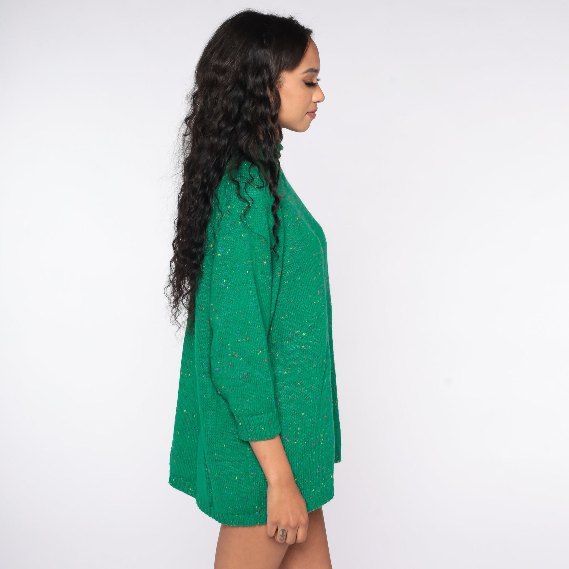 70s Green Flecked Wool Knit Sweater Mock Neck Longline Pullover One Size