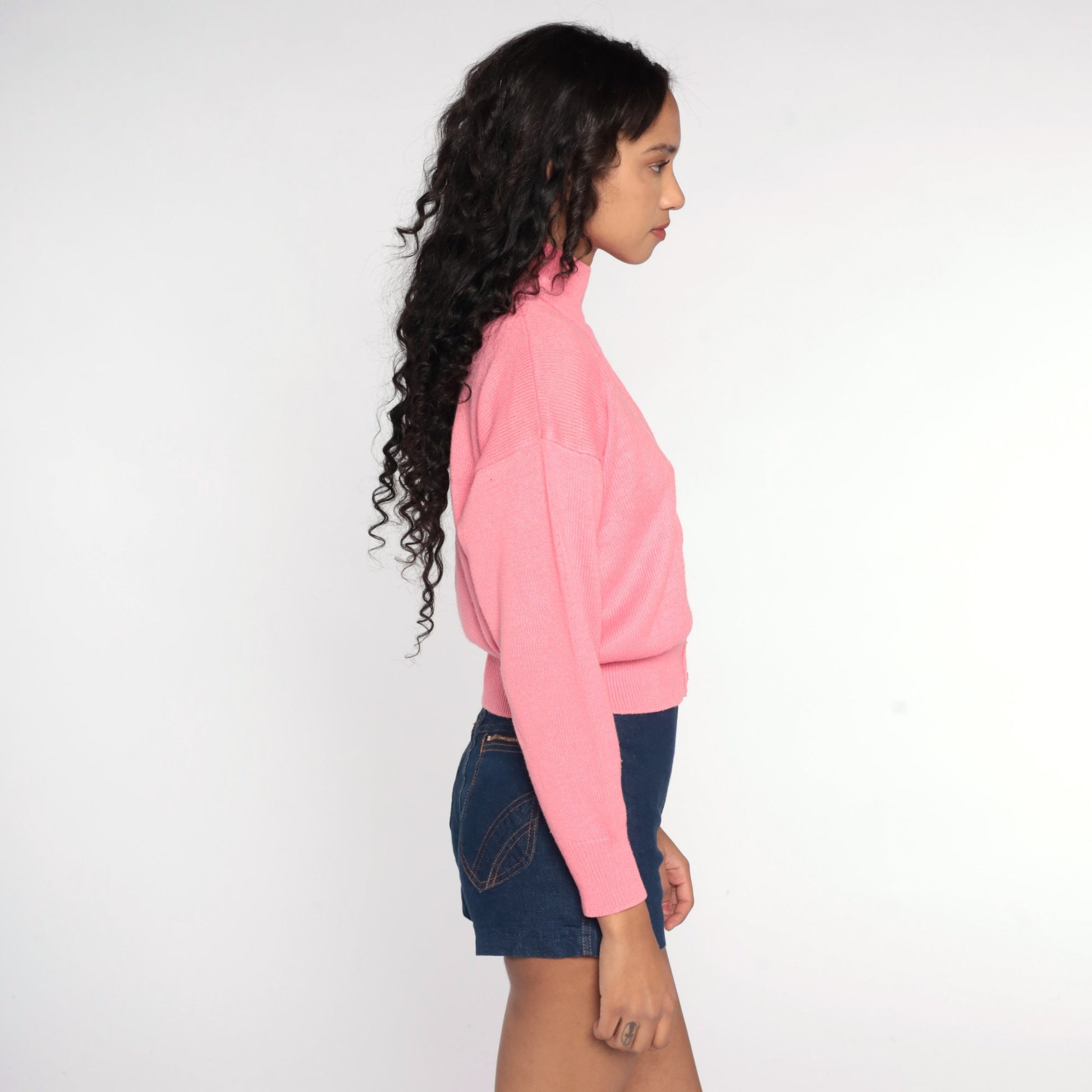 80s Pink Mock Neck Sweater Knit Pullover Small Medium
