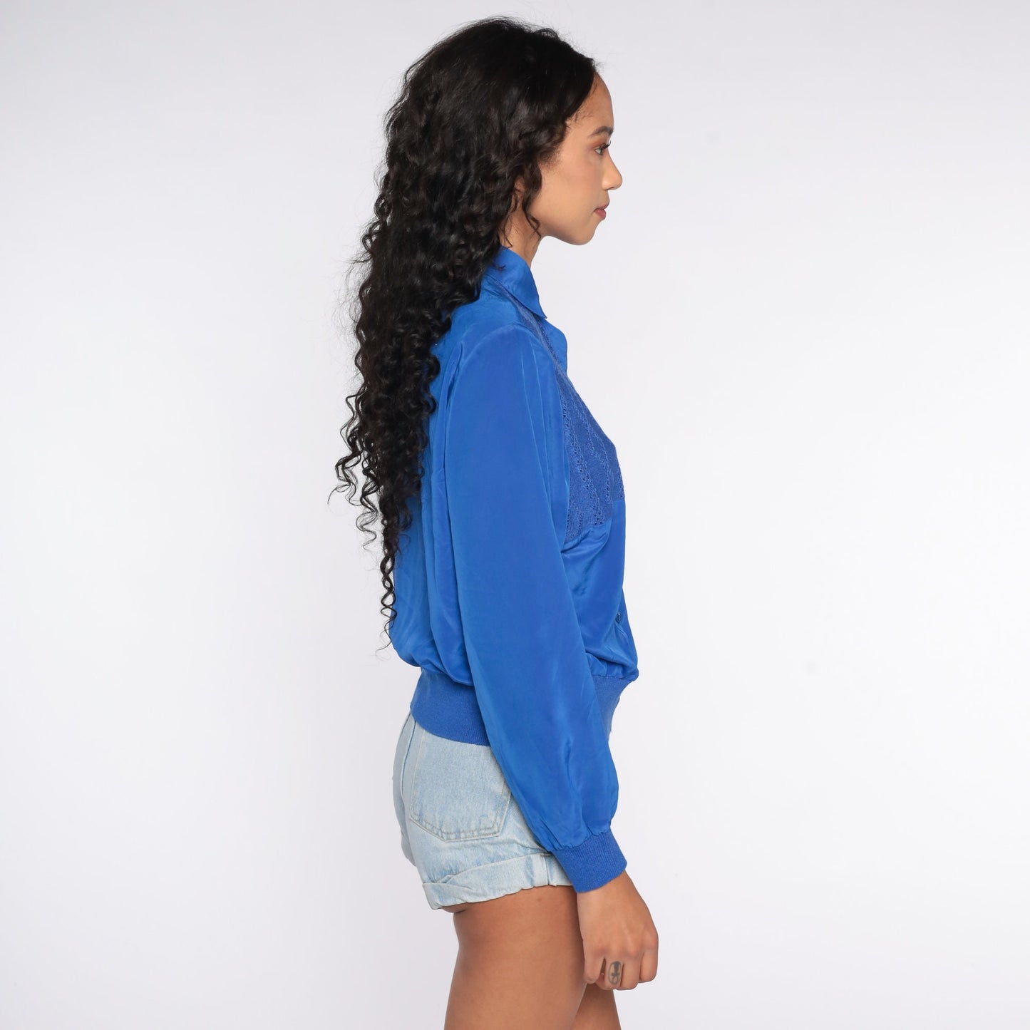 80s Royal Blue Cutout Blouse Abstract Button-Up Long Sleeve Small S