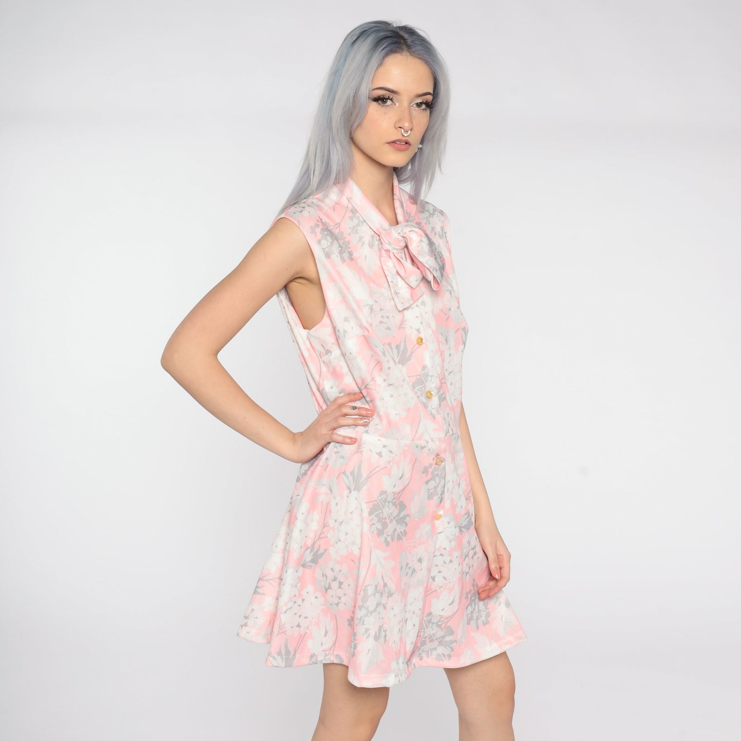 70s Floral Mini Dress Pink White Grey Button-Up High Waist Sleeveless Extra Large