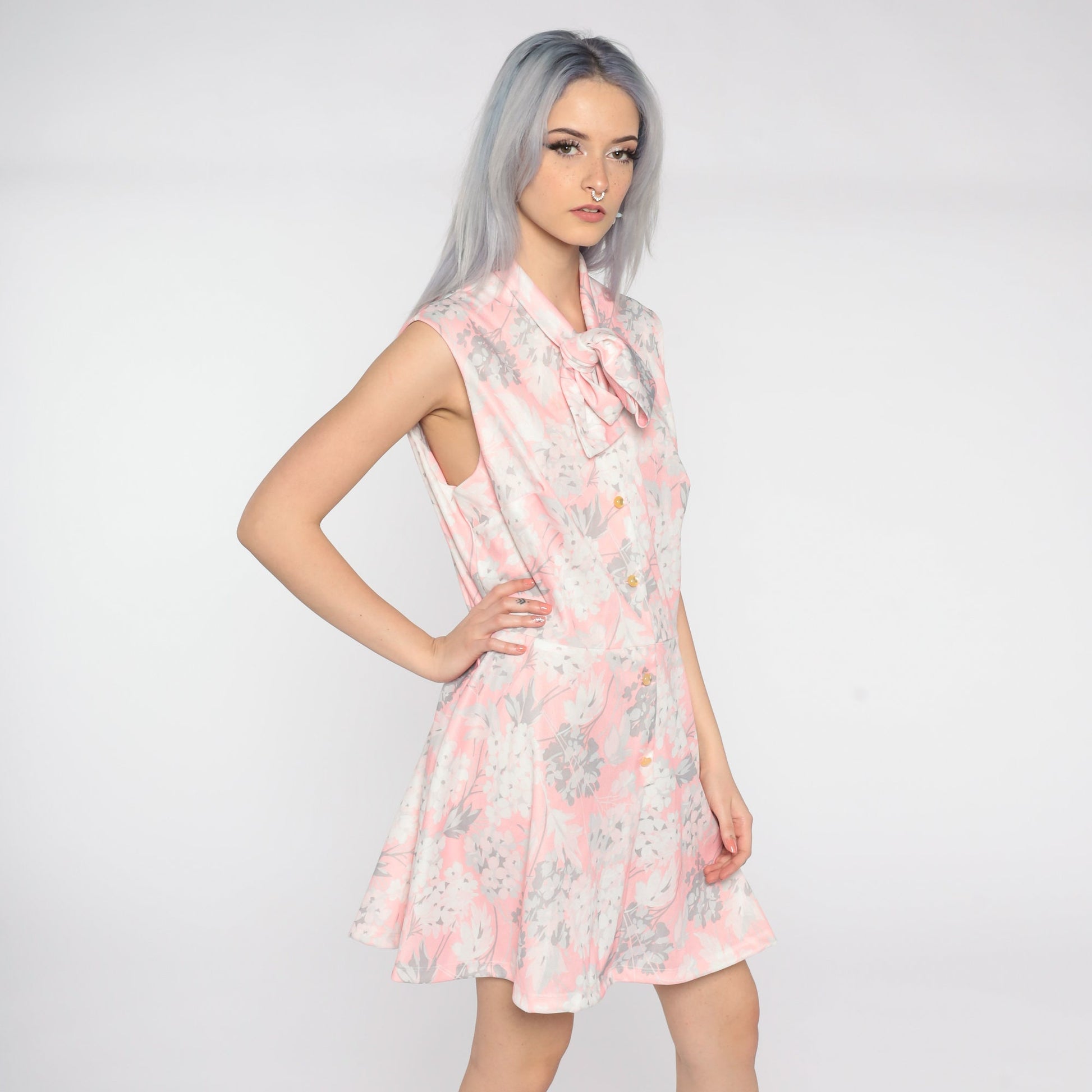 70s Floral Mini Dress Pink White Grey Button-Up High Waist Sleeveless Extra Large