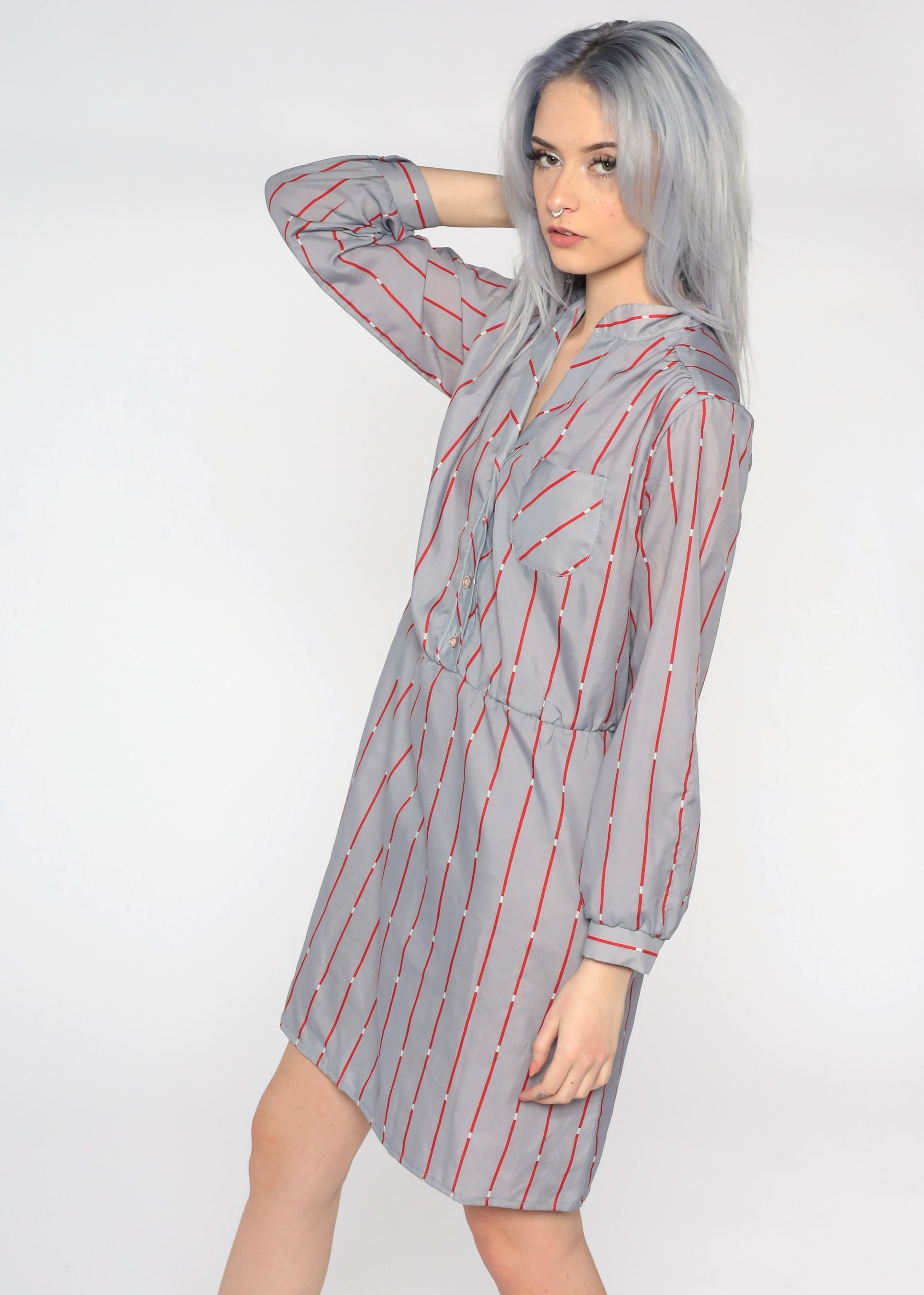 80s Striped Button-Up Mini Dress Grey Red Shirtdress Medium