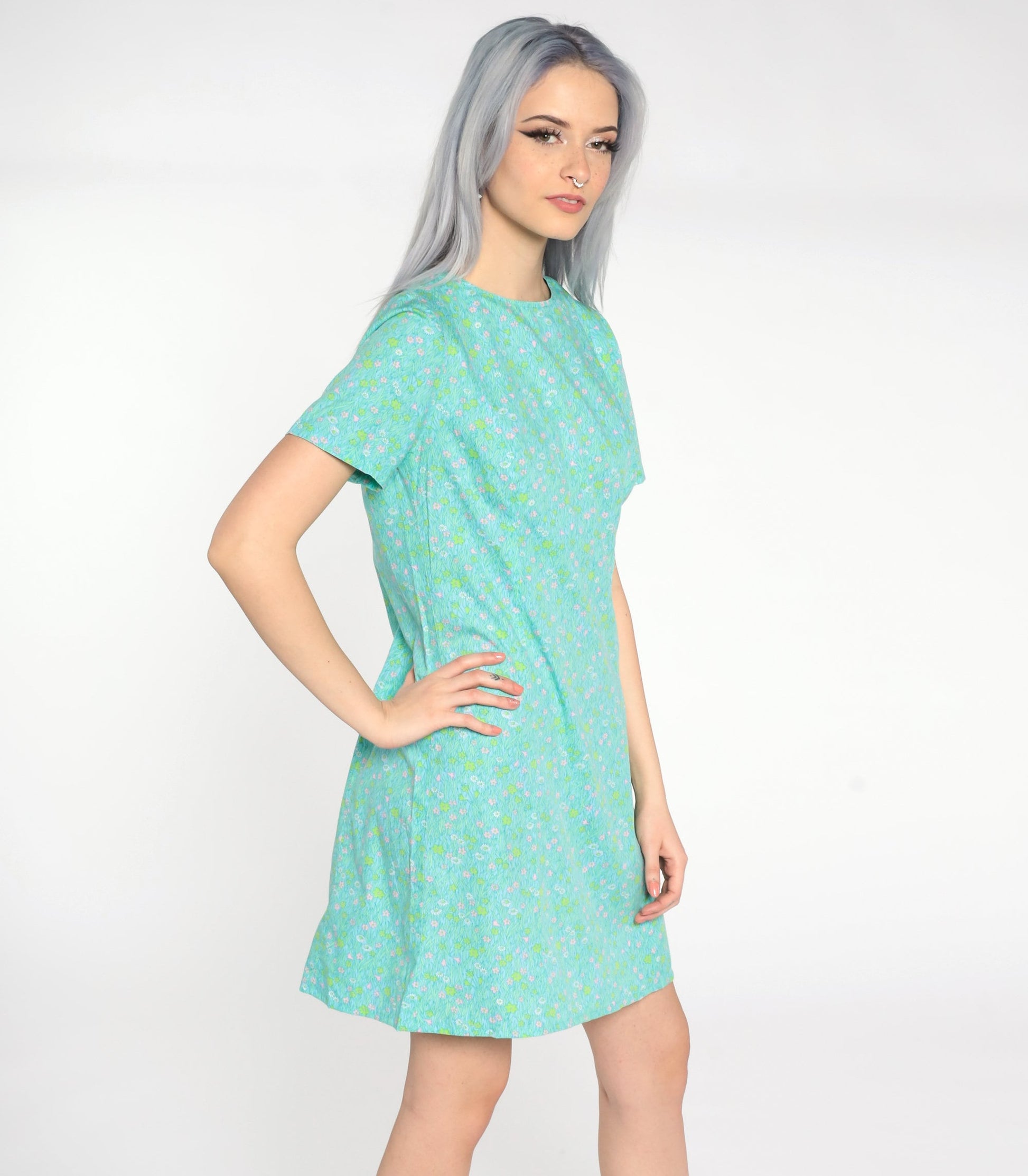 1960s Floral Shift Dress Mini Green Blue Mod Small S