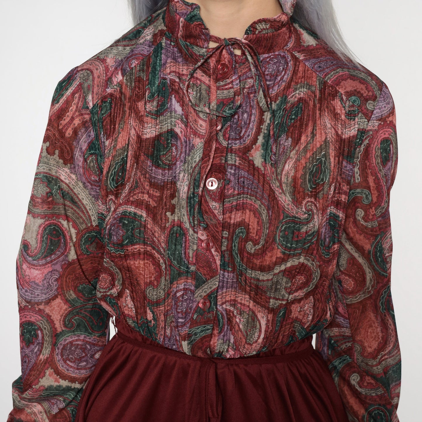 80s Paisley Mini Dress Burgundy Button-Up High Waisted Long Sleeve Small