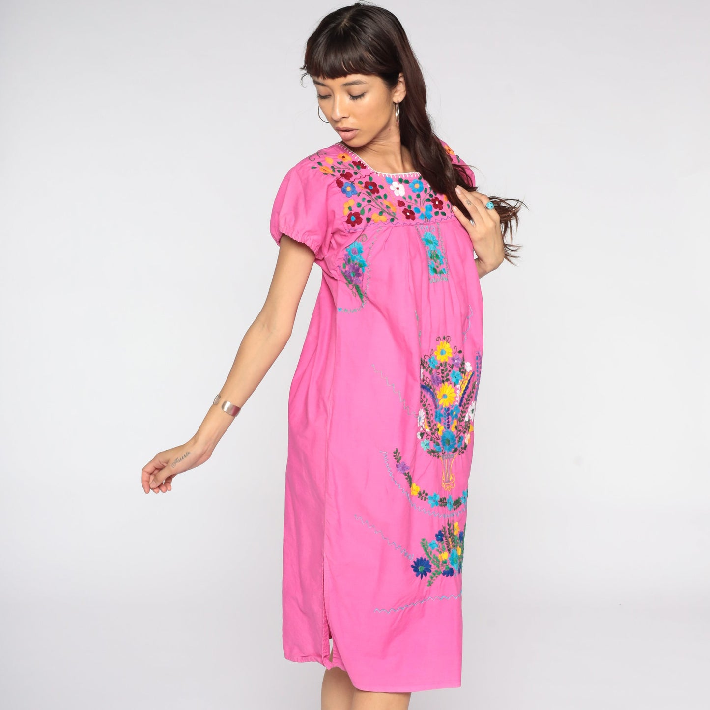 Vintage Mexican Pink Cotton Midi Dress Embroidered Tunic Medium