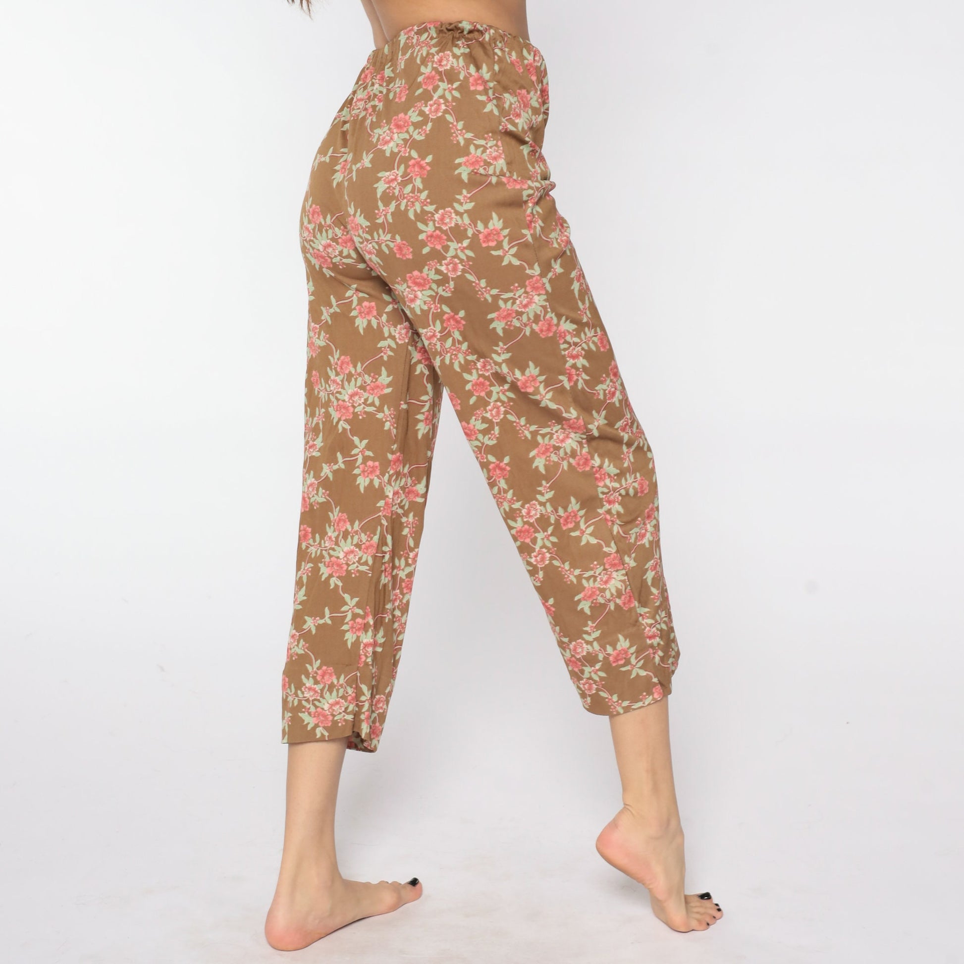 80s Floral Trousers Brown Pink Print High Waist Straight Leg Small