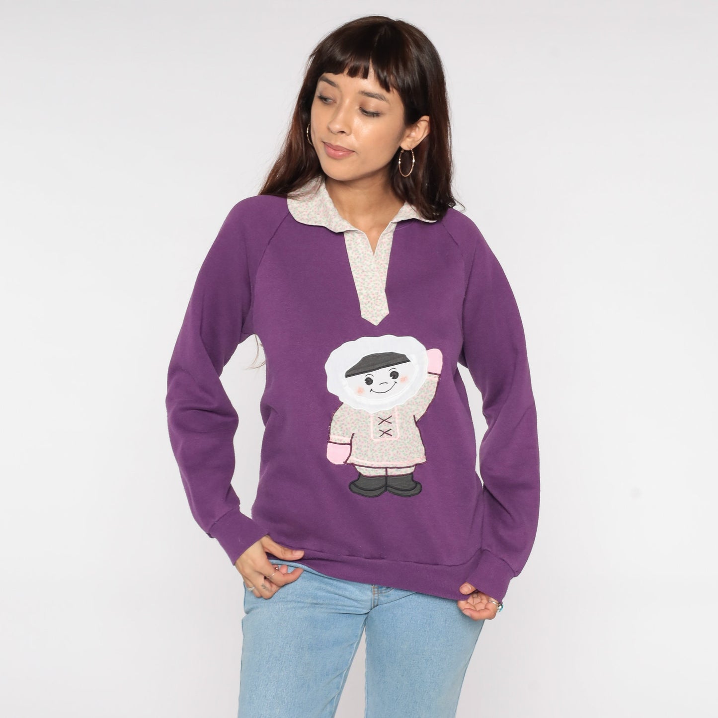 80s Jerzees Sweatshirt Purple Graphic Collared Crewneck Small