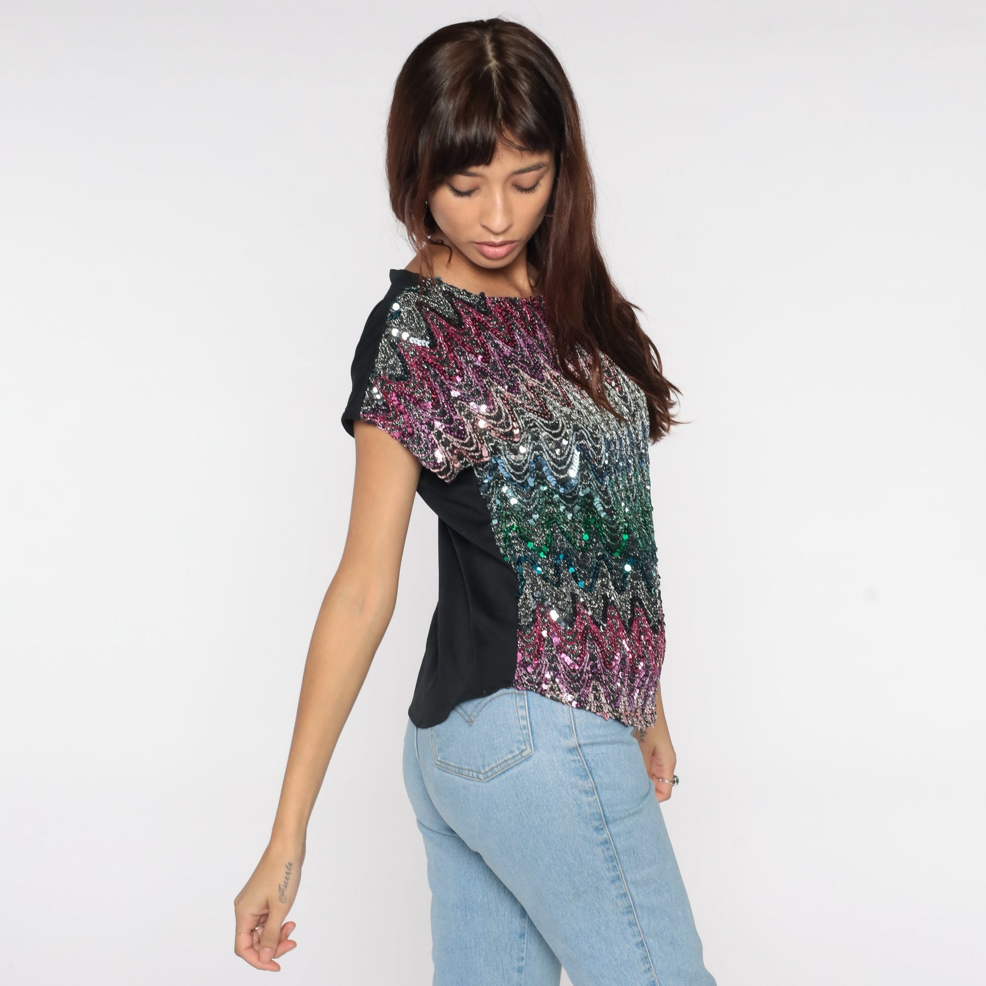 80s Sequin Beaded Blouse Cap Sleeve Black Metallic Pink Blue Green Small Medium