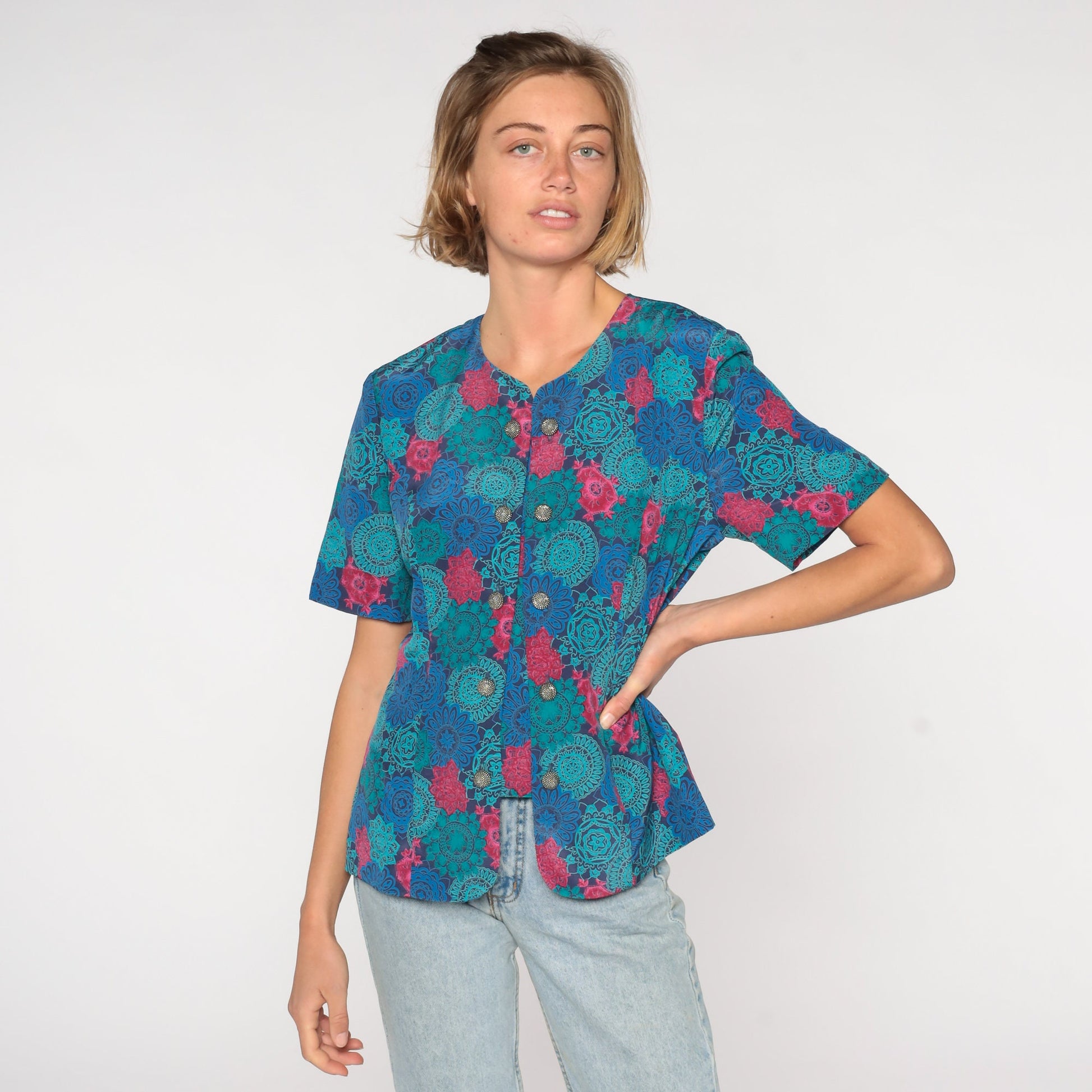 80s Leslie Fay Geometric Button Up Shirt Blue Short Sleeve Medium