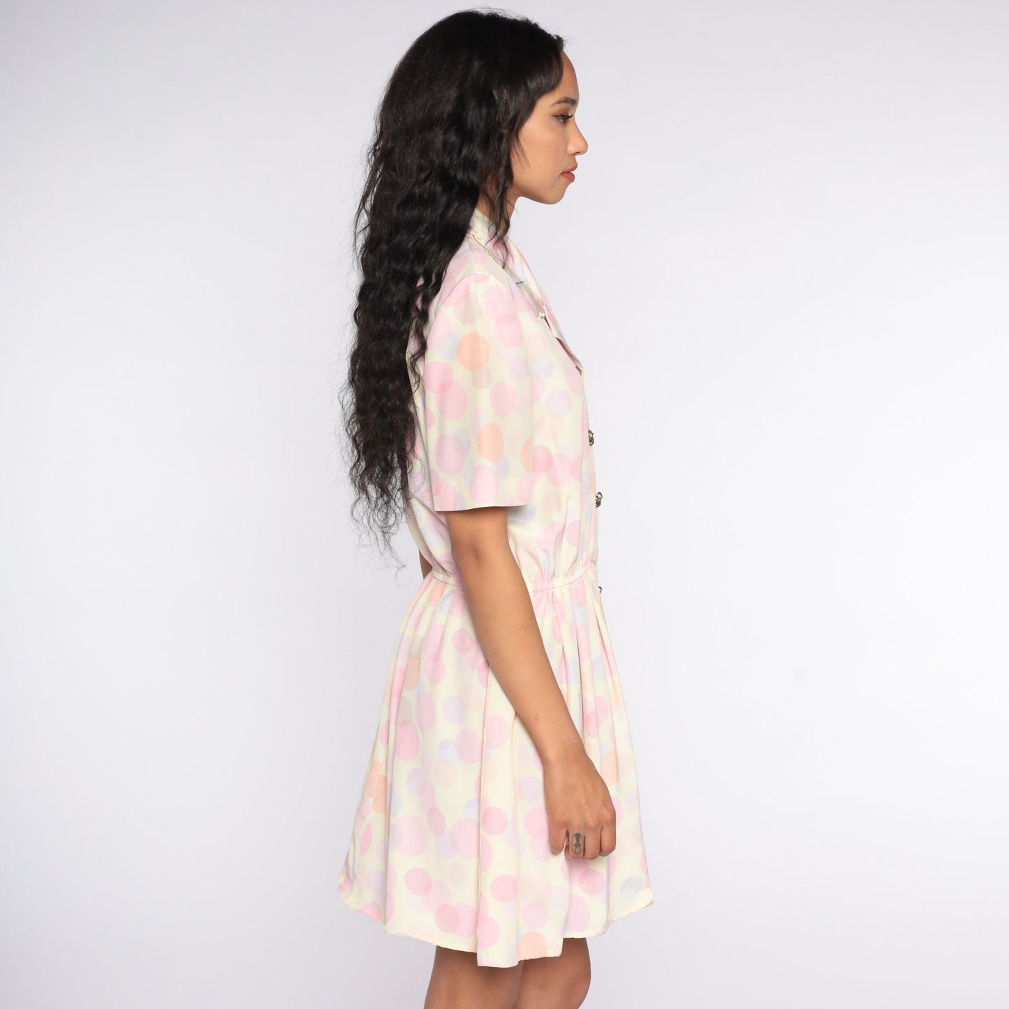 80s Polka Dot Button-Up Mini Dress High Waist Pink Purple Medium Large