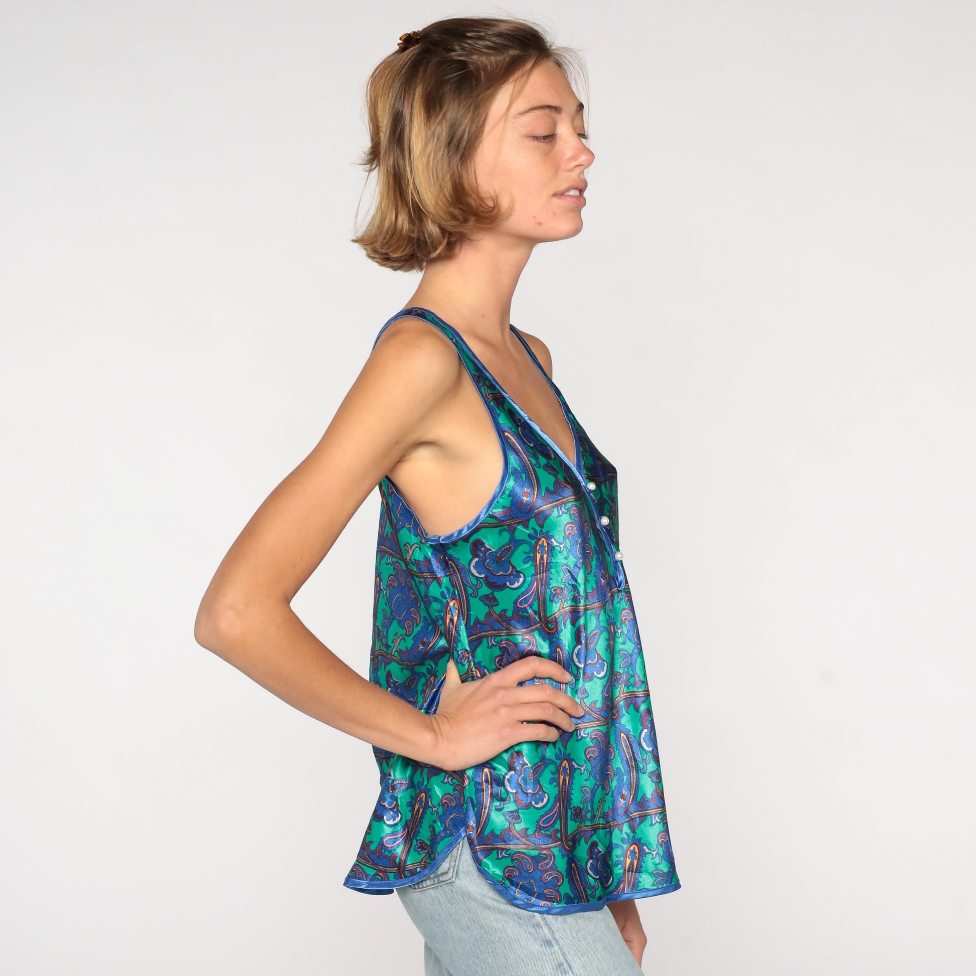 90s Green Paisley Satin Camisole Deep V Neck Tank Top Medium