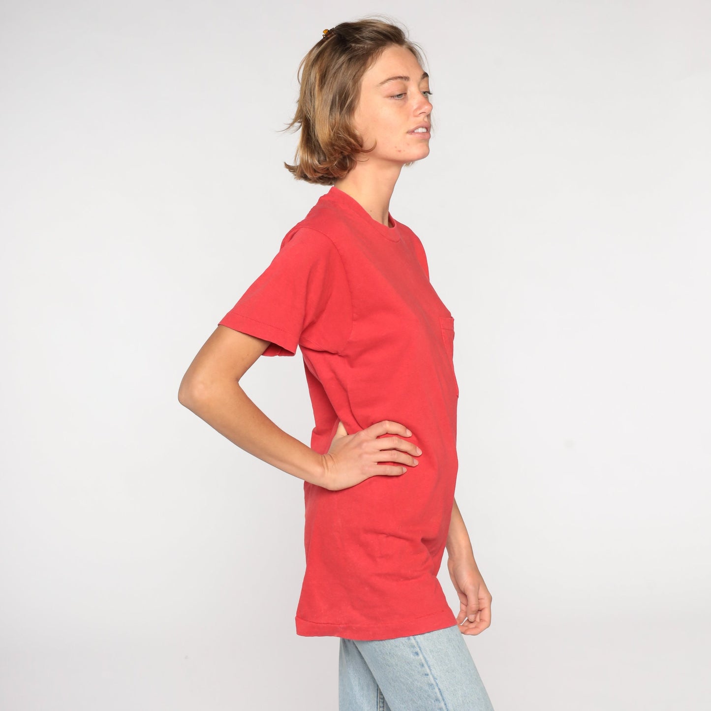 80s Red Cotton Pocket T-Shirt Plain Tee Small S