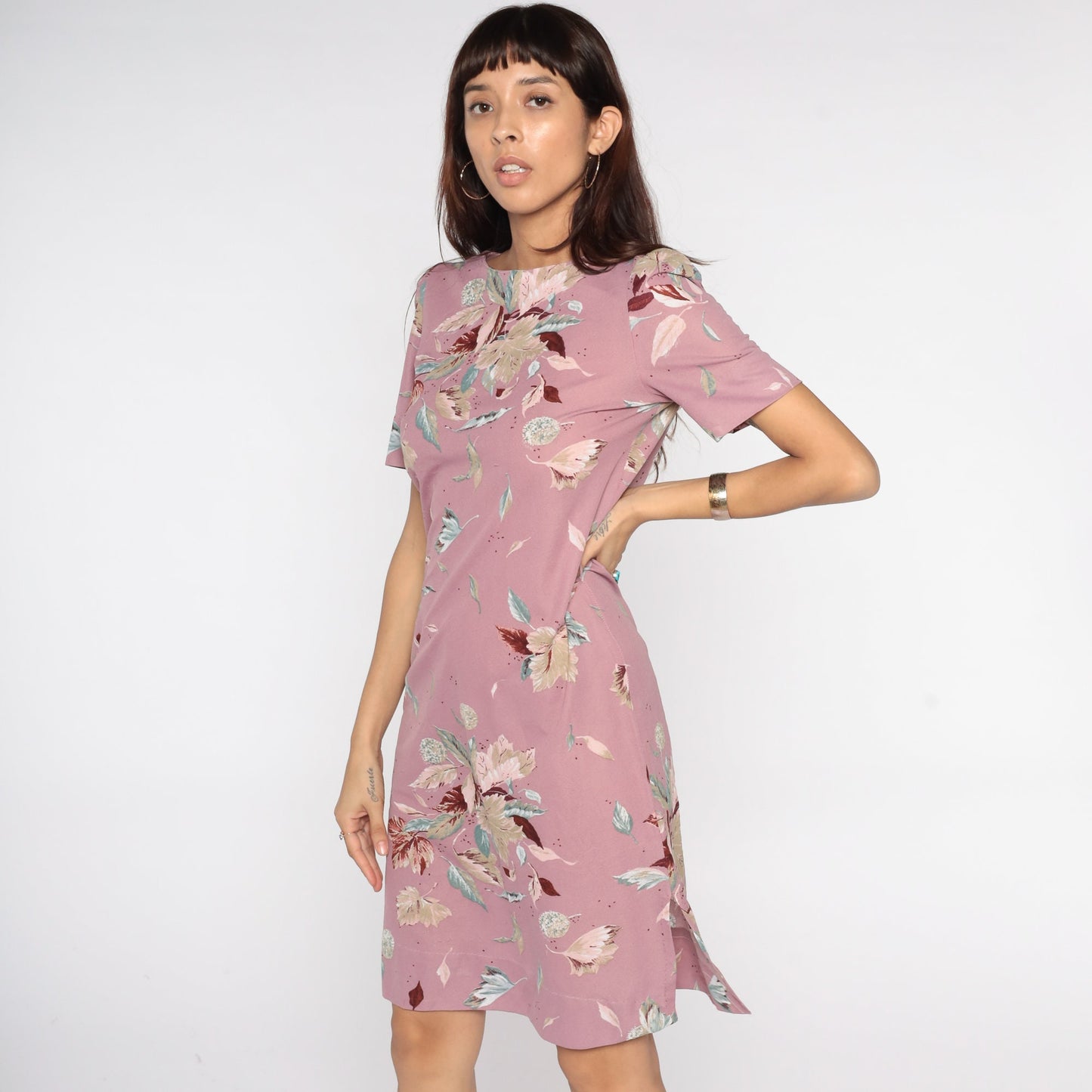 80s Purple Floral Puff Sleeve Dress Knee-Length Small Medium