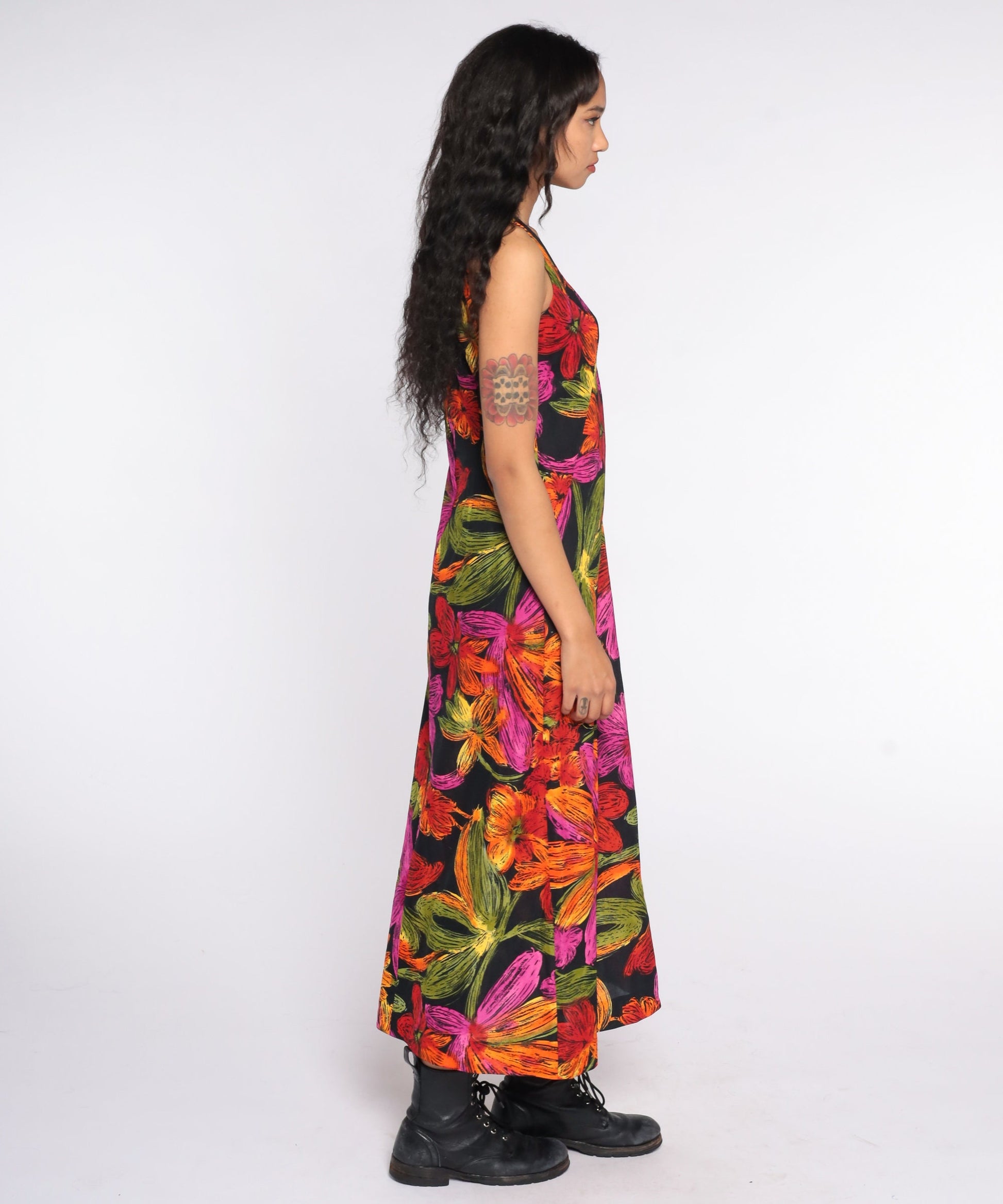 90s Floral Maxi Sundress Sleeveless Shift Black Red Pink Small Medium