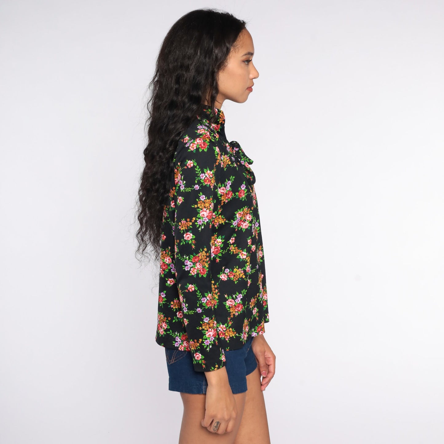 70s Black Floral Ascot Blouse Long Sleeve Neck Tie Top Large L